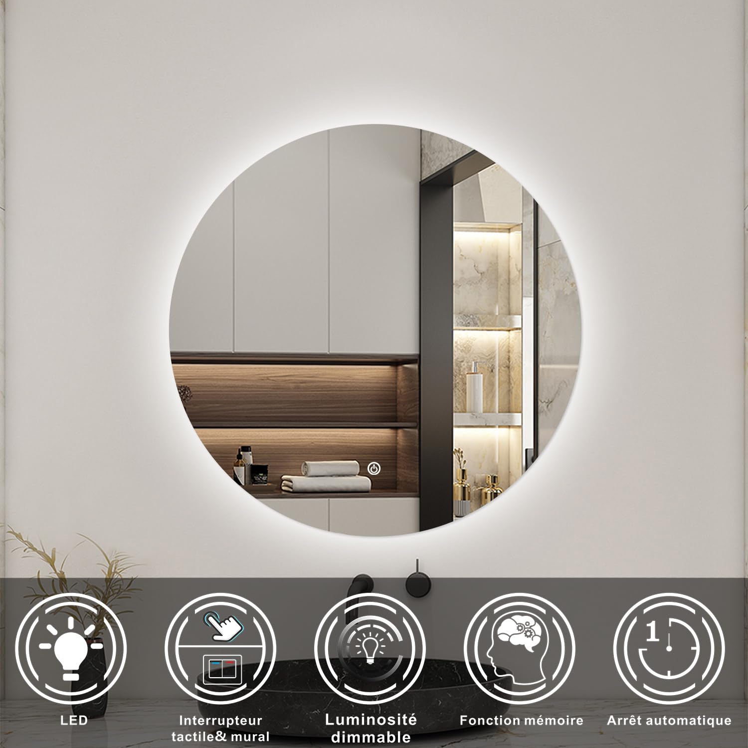 AICA Miroir de Salle de Bain Lumineux Rond 70cm avec Dimmable, Miroir LED Mural