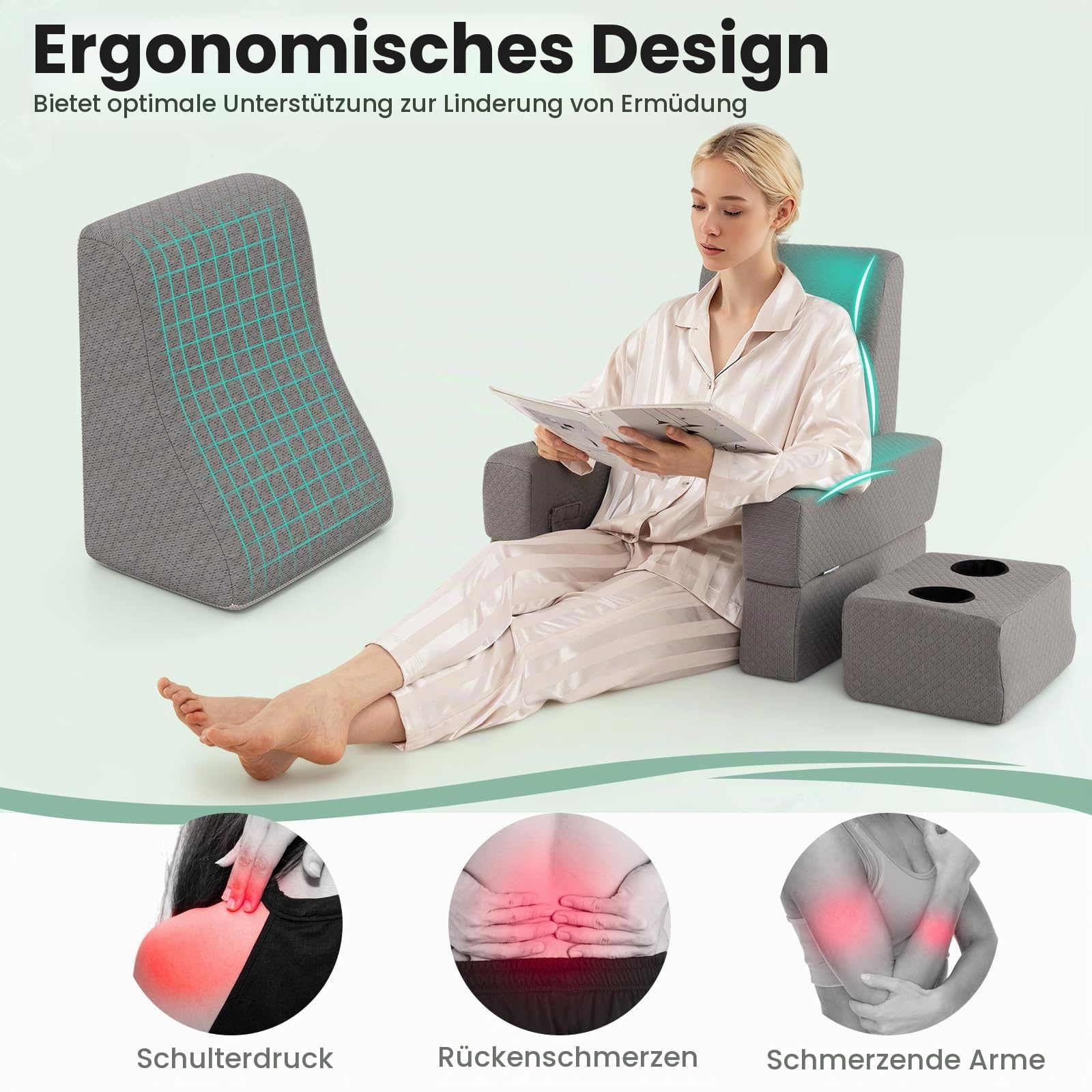 LIFEZEAL Lesekissen für Bett & Sofa, Buchkissen mit Untersetzer, Rückenkissen & Aufbewahrungstasche, Schoßschreibtisch mit Armlehnen, Gaming-Kissen zum Lesen, Arbeiten, Spielen