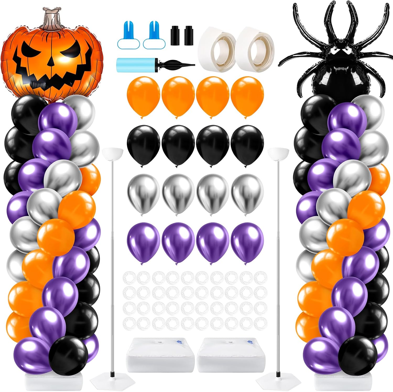 Kasyat 2 Sets Halloween Balloon Column Stand Kit with Scary Pumpkin Spider Foil Balloon Orange Purple Black Silver Arch Garland Kit for Spooky Birthday Party Halloween Theme Decoration