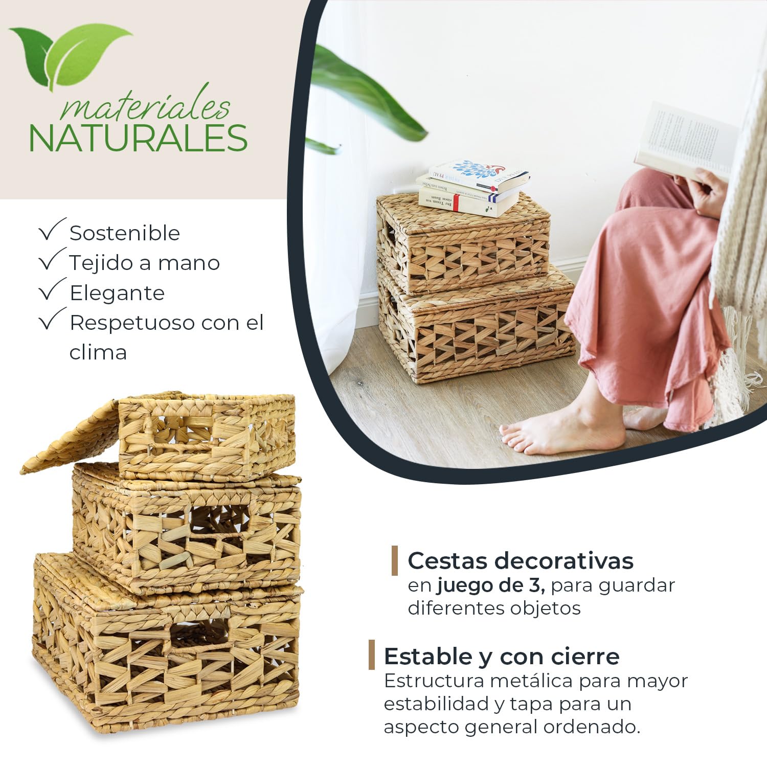 HMF Juego de 3 cestas de almacenamiento con tapa, cestas de junco de mar trenzadas | pequeño, mediano, grande