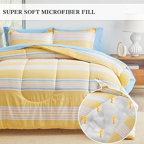 Miniatura 3 de Flysheep Juego de sábanas bohemias de 7 piezas tamaño Queen a rayas azules y rosas sobre amarillo (1 edredón, 1 sábana encimera, 1 sábana bajera, 2