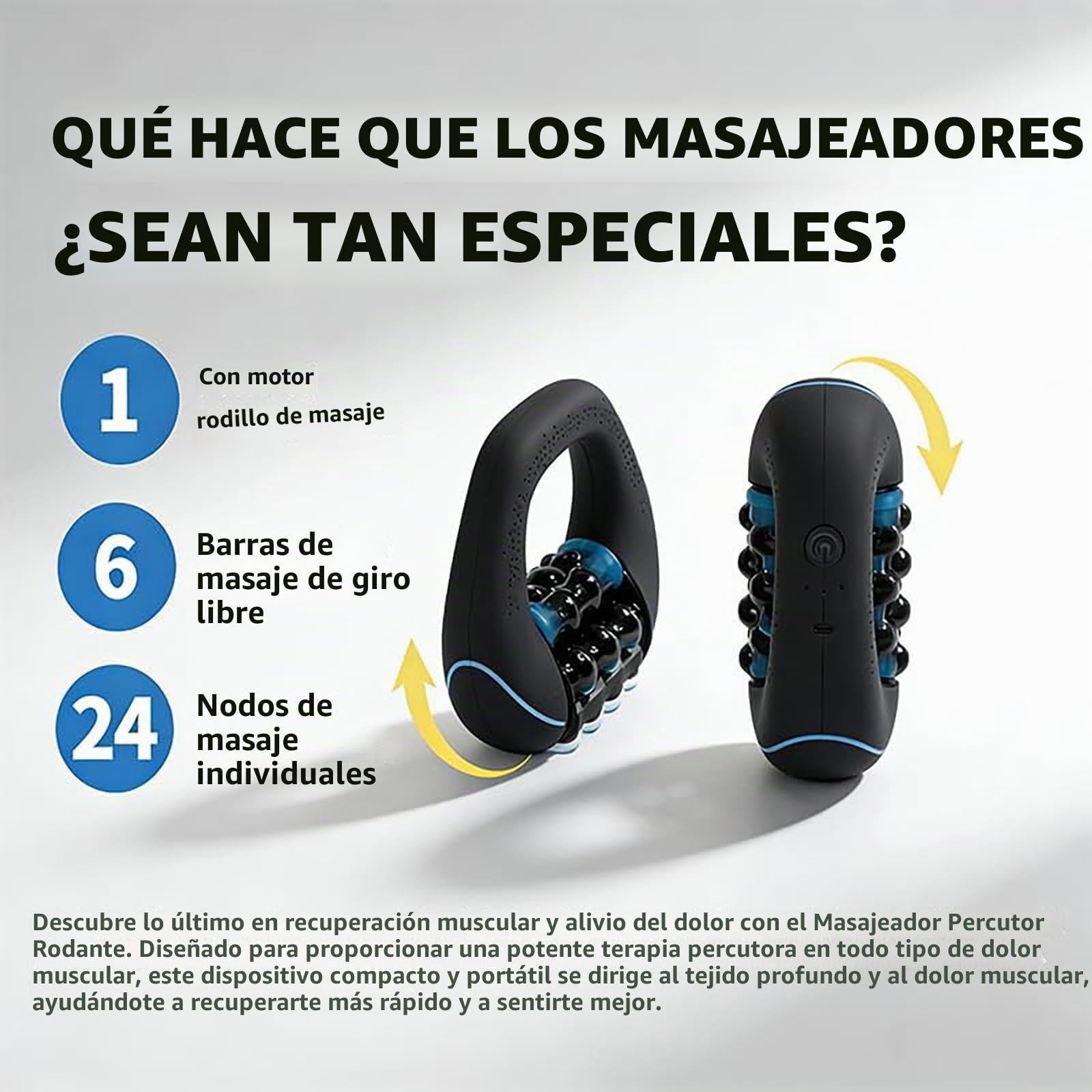 Masajeador de Rodillos Eléctrico Portátil, Rodillo de Masaje Eléctrico con Mango, Masajeador EléCtrico de Mano con Rodillos, 3 Niveles de Intensidad para Espalda, Cuello y Piernas