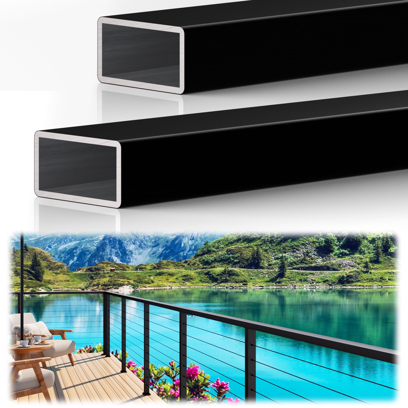 Photo 1 of 2 Pack 12FTx 2-3/8"x1-3/16 Aluminum Black Handrail with Self Drilling Screws Nylon End Caps, AAMA 2604 Coating, 3mm Thick Flat Handrail Cuttable Top Rail for Deck Stair Railing Indoor Outdoor