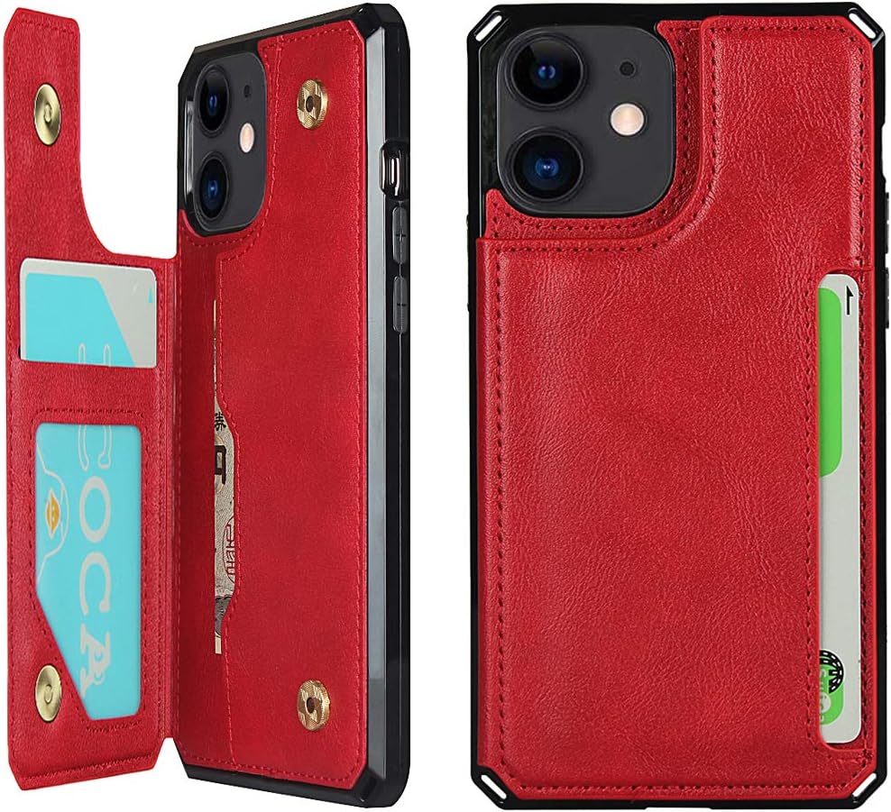 Cavor for iPhone 12 mini (5.4") Case, Wallet Case with Card Holder [4 Card Slots] [Wrist Strap] PU Leather Flip Shockproof Cover for iPhone 12 mini - Red