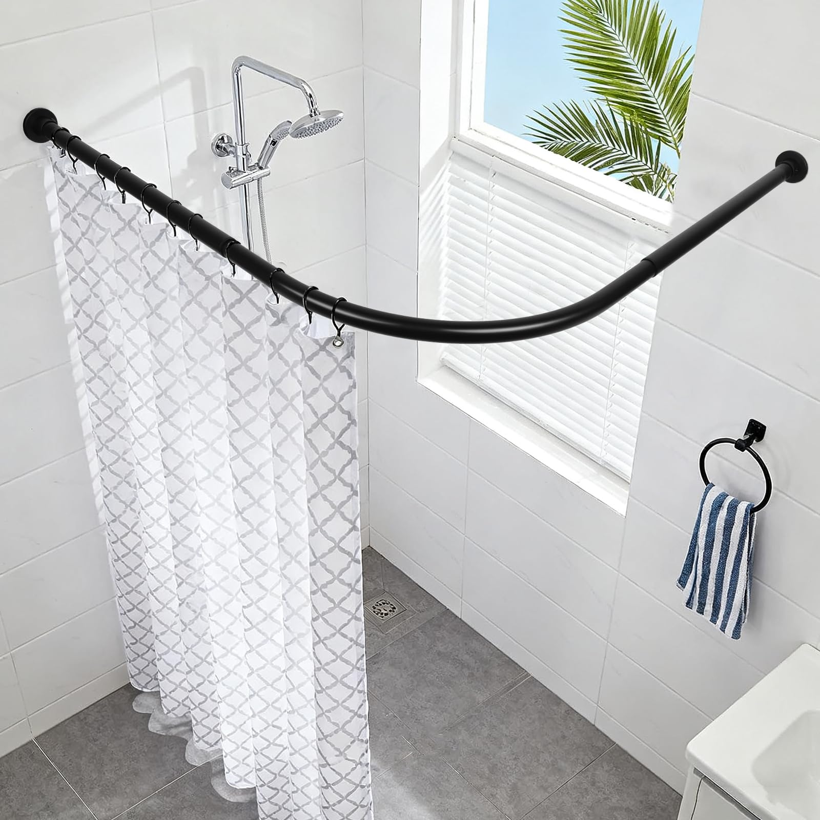 Shower Curtain Rail for Bathtubs, L-Shaped Shower Curtain Pole in three varations 68x98cm / 68x98 cm, Wall Mounted Shower Pole, Curved Shower Rail, Black Powder Coated Steel-BLACK