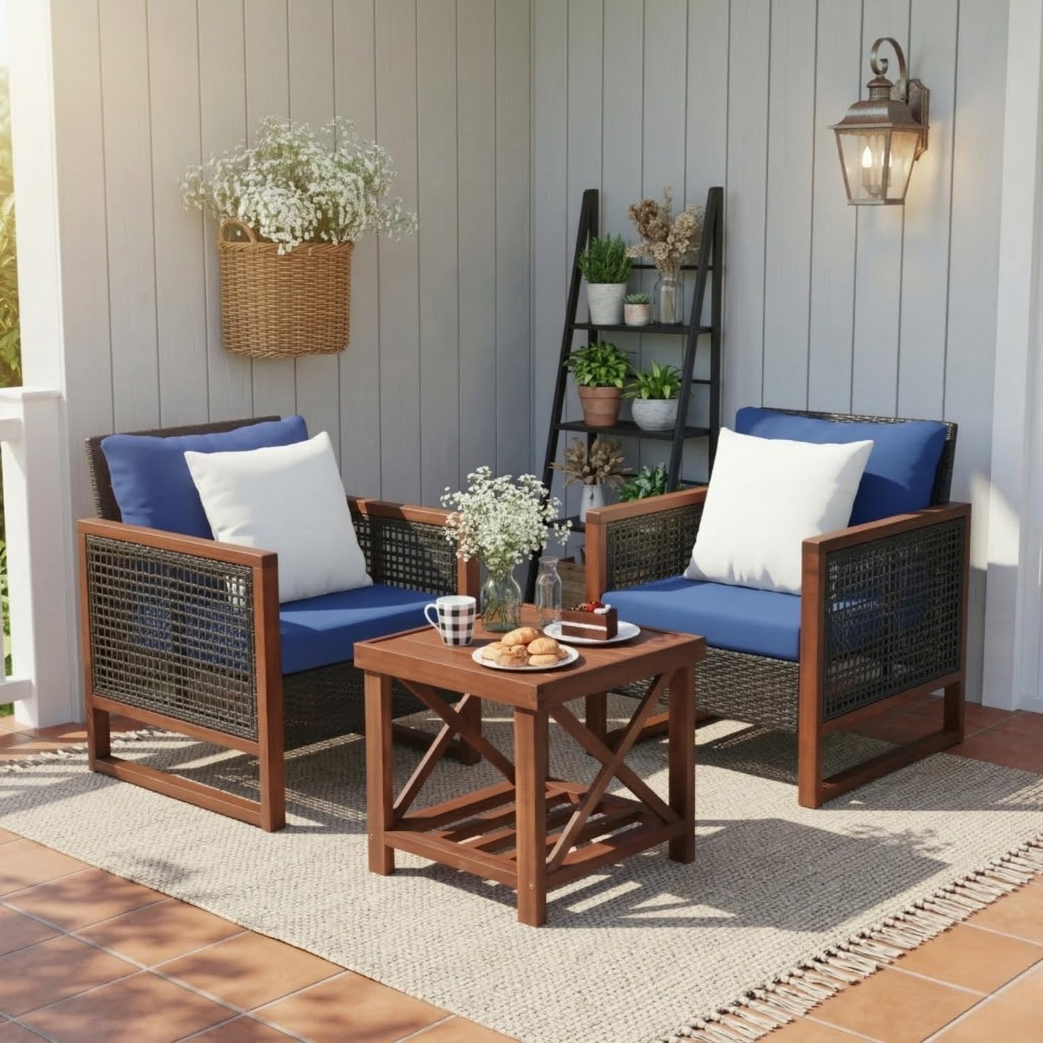 DEVOKO 3-Piece Outdoor Wooden Patio Furniture with Solid Wood Frame & Wooden Top Table, Modern Conversation Set for Balcony, Garden, Patio & Deck (Dark Brown & Blue)-picture-10
