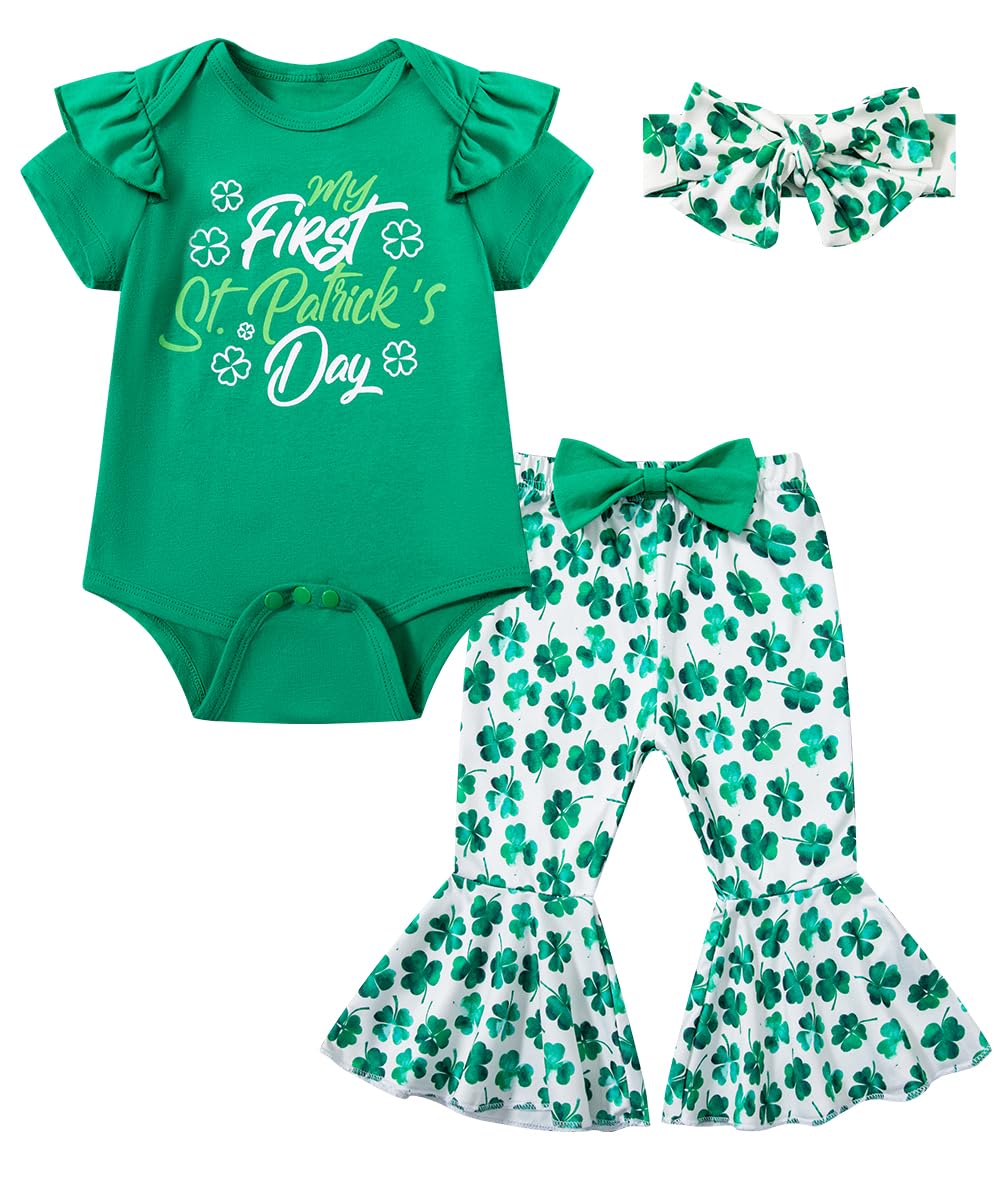 DANBAIEGG Infant Girl My First St Patrick's Day Shamrock Flared Pants Set with Headband(Green,6-12M)