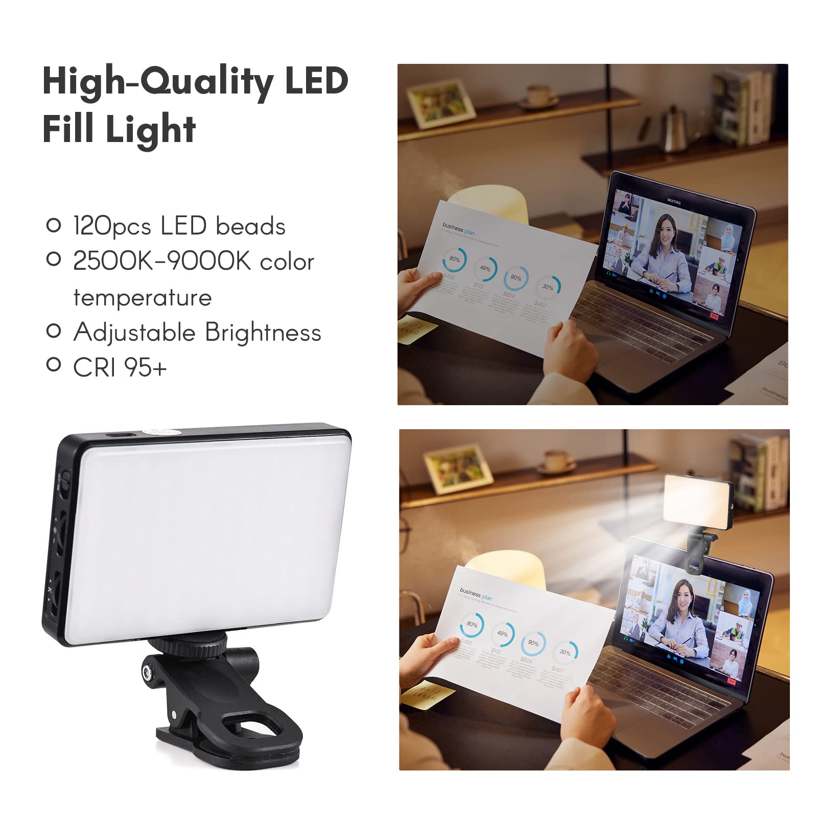 Andoer 120 LED Luce video, luce per selfie con clip e supporto per telefono 2500K-9000K Luce per telefono dimmerabile CRI 95+ per tablet laptop videoconferenza TikTok Selfie Vlog Livestreaming