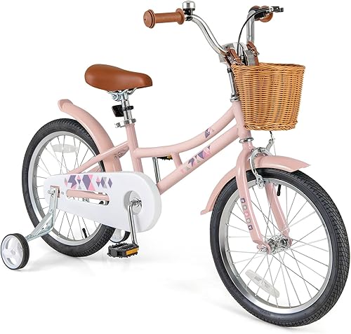 Miniatura 11 de BABY JOY Bicicleta retro para niños, 12, 14, 16, 18 pulgadas, para niños de 3 a 8 años, con cesta de ratán, altura ajustable, ruedas de Amarillo