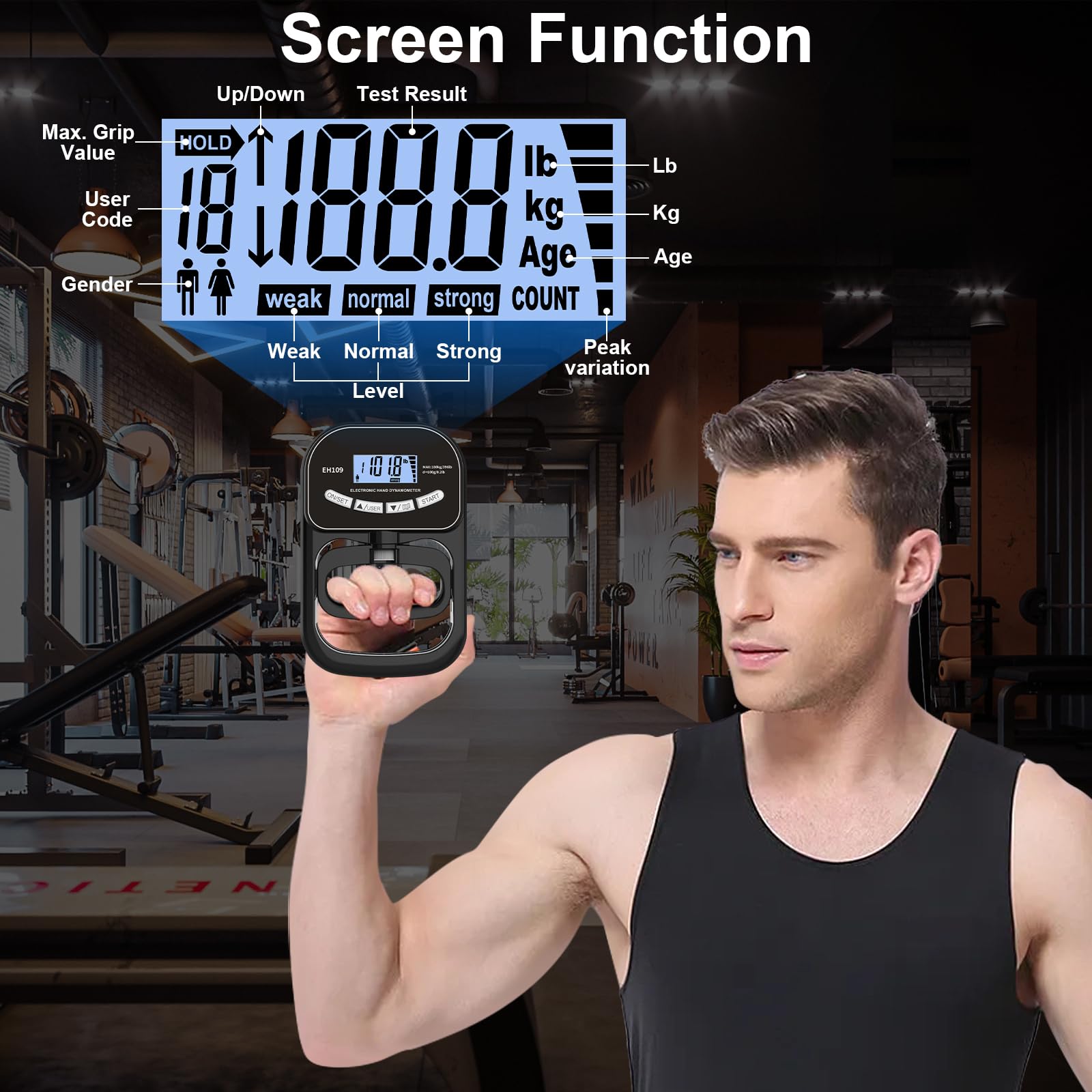 Dynamomètre numérique pour la main, capacité de 396 lb/180 kg, testeur électronique de force de préhension rechargeable, jauge de force de préhension électronique, écran LCD