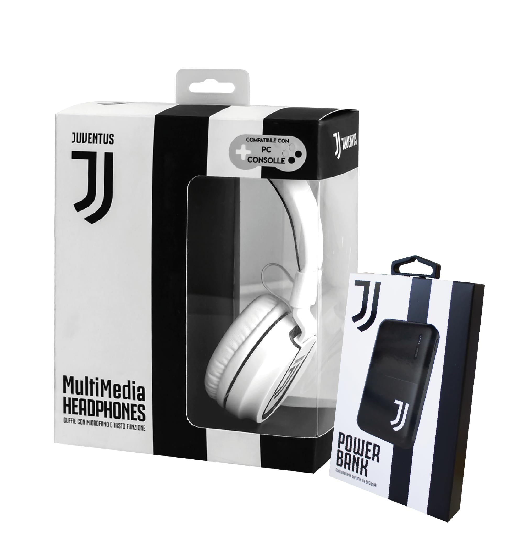 TECHMADE Juventus Football Cuffia microfono incluso |ON-EAR |con filo cavo aux | Bianco/Nero | con adattatore usb-c (+ POWERBANK 5000)