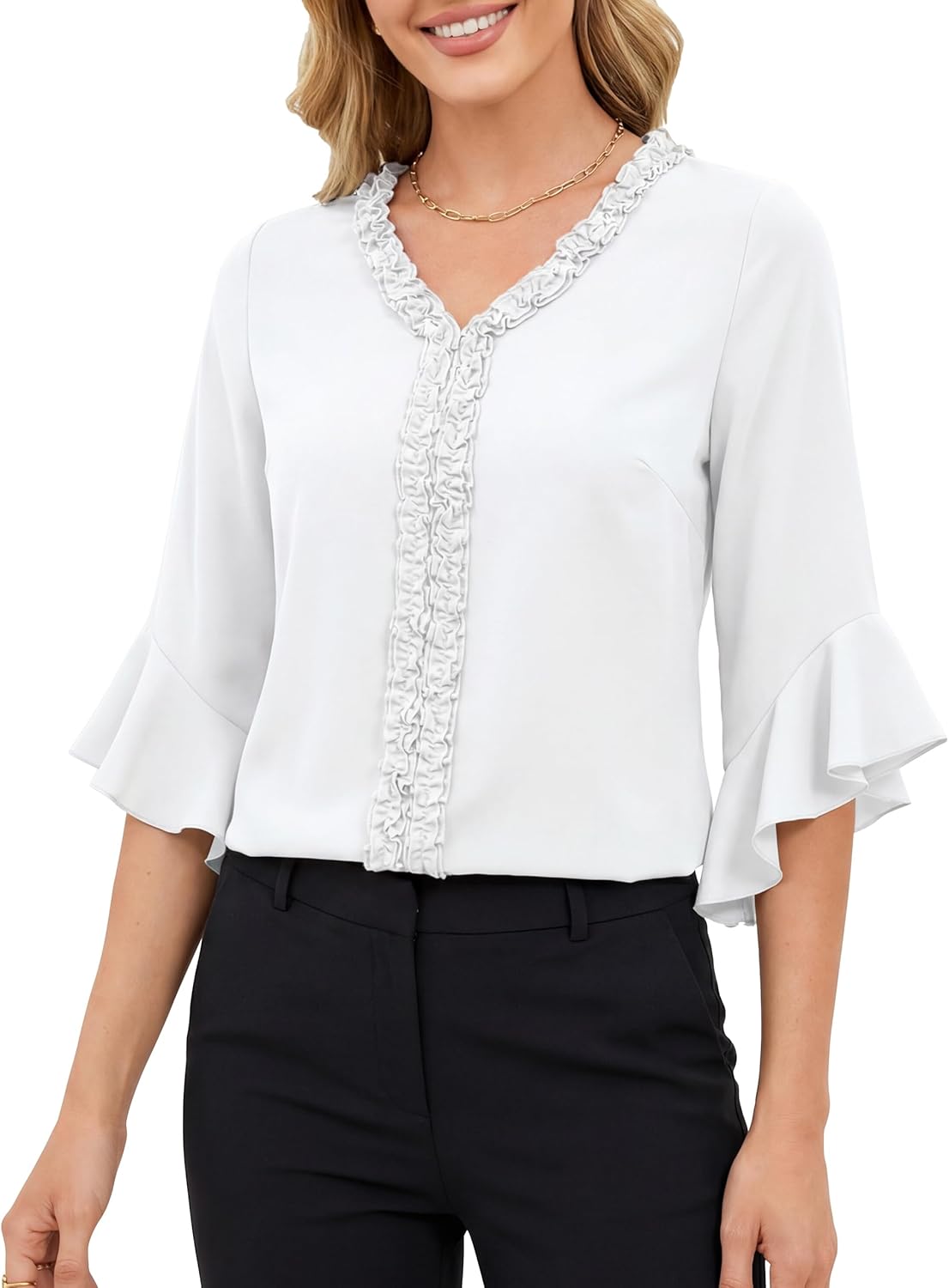 Blooming Jelly Womens Dressy Casual Blouses 3/4 Length Bell Sleeve V Neck Ruffle Tops Trendy Summer Business Work Shirt
