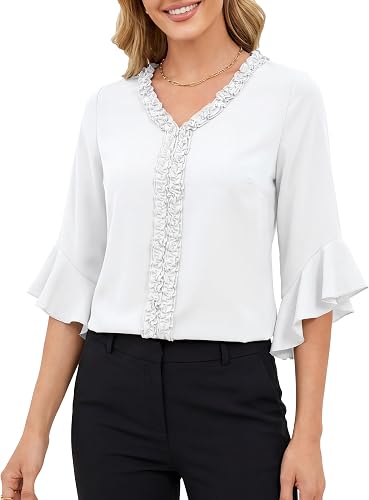 Women's 3/4 Bell Sleeve Ruffle Trim Dressy Casual Blouses, Large White