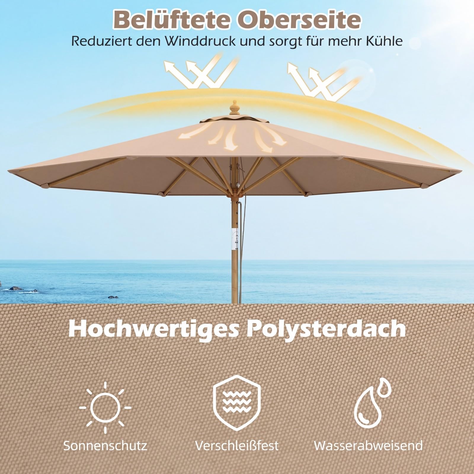 COSTWAY Sonnenschirm 270 cm, Gartenschirm aus Holz, beidseitig um 30° knickbar, Balkonschirm, Terrassenschirm, Sonnenschutz, Marktschirm für Garten, Balkon, Terrasse (Khaki Tan)