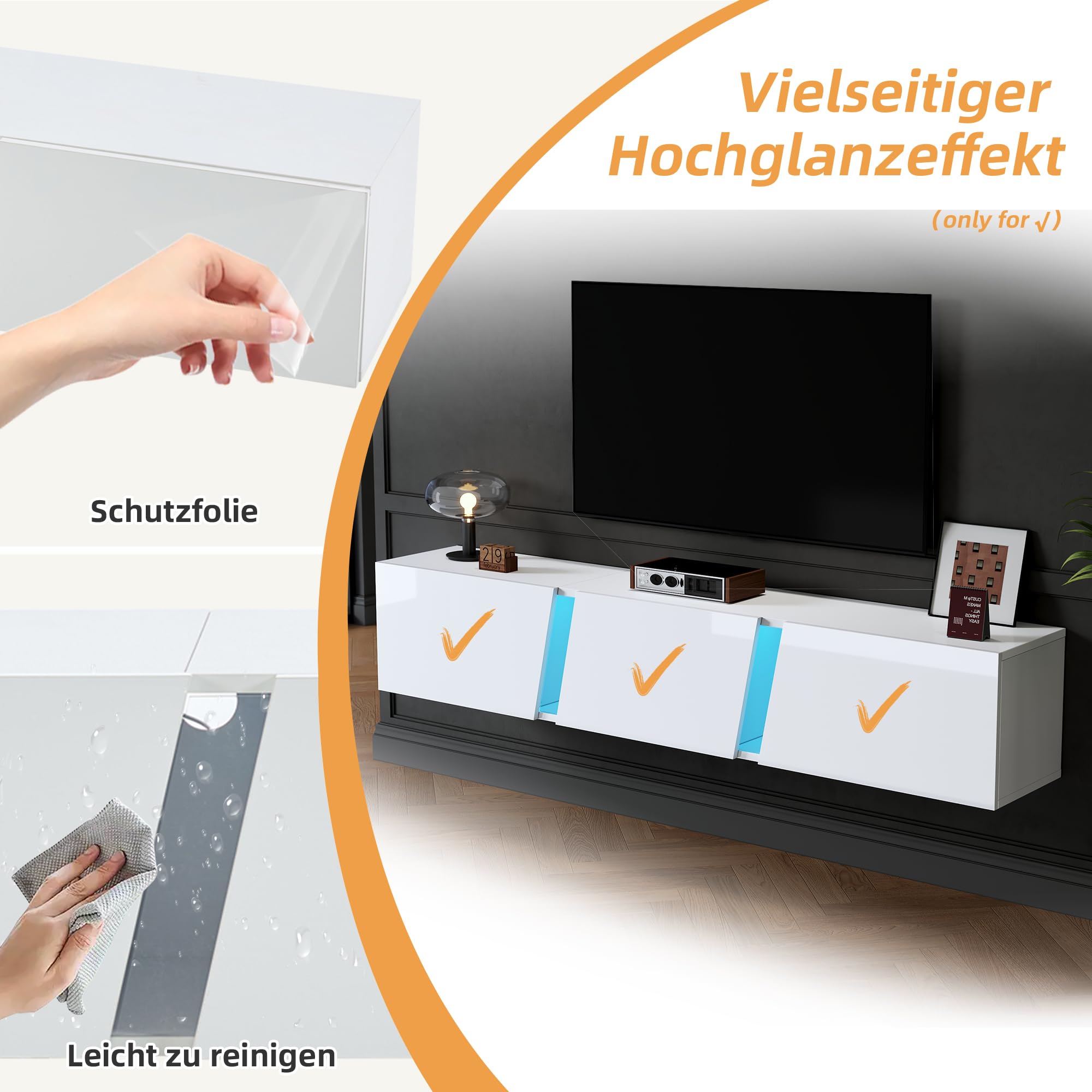 Meuble TV Mural avec lumières LED 3 Portes Lowboard pour téléviseur 75 Pouces Brillant pour Salon Salle à Manger Meubles Bas Blanc
