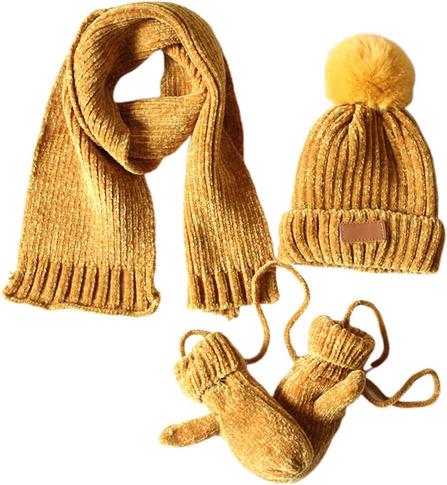 Scarf,3 In 1 Toddler Kids Winter Ribbed Knit Warm Hat Scarf Gloves Set Solid Color Beanie Cap Shawl Mittens Scarf