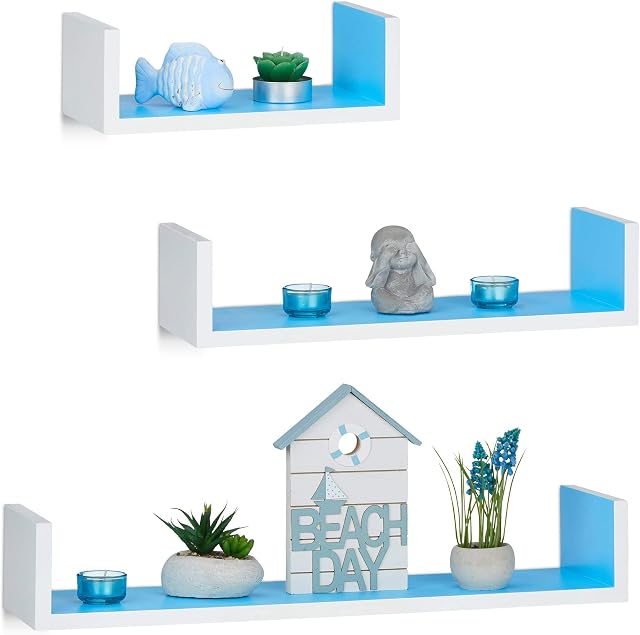 Relaxdays Wall Shelf, Set of 3, Modern Hanging Shelf, 15 cm Depth, For DVDs, Decorative, White-Blue