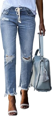 Sidefeel Womens Zimbaplatinum Drawstring Jeans High Waisted Ripped Boyfriend Pull On Denim Joggers Trousers