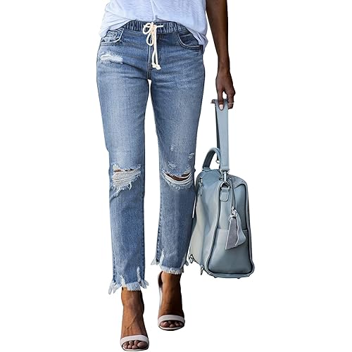 Sidefeel Women's Ripped Jogger Jeans Drawstring Elastic Waist Denim Pants