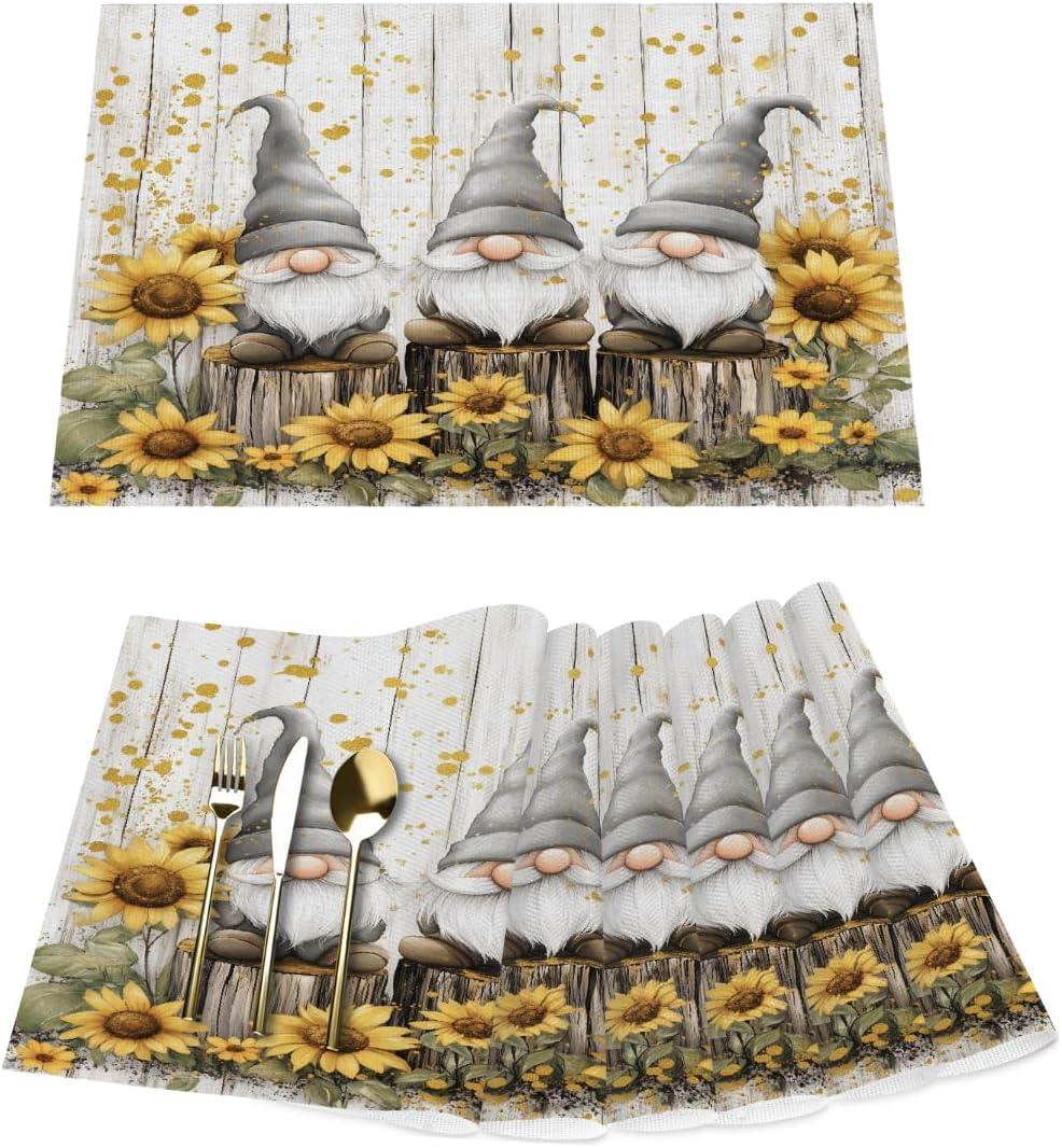 Vinyl Placemats Set of 6 for Dining Tables,Farm Sunflower Gnomes Kitchen Table Mats Heat Resistant Washable Wipeable PVC Place Mat for Indoor Outdoor Seasonal Party