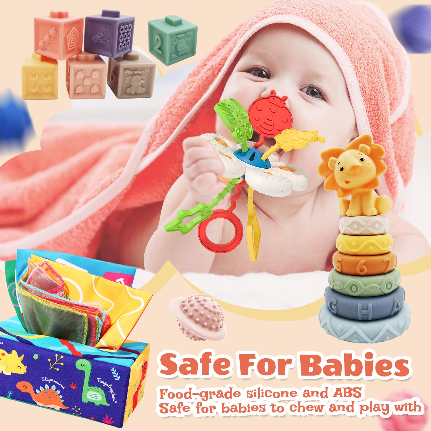 5 En 1 Montessori Bébé 6 Mois – Gobelets Empilables, Boîte Mouchoir, Balles Sensorielles – Silicone Alimentaire – Cadeau Fille Garçon