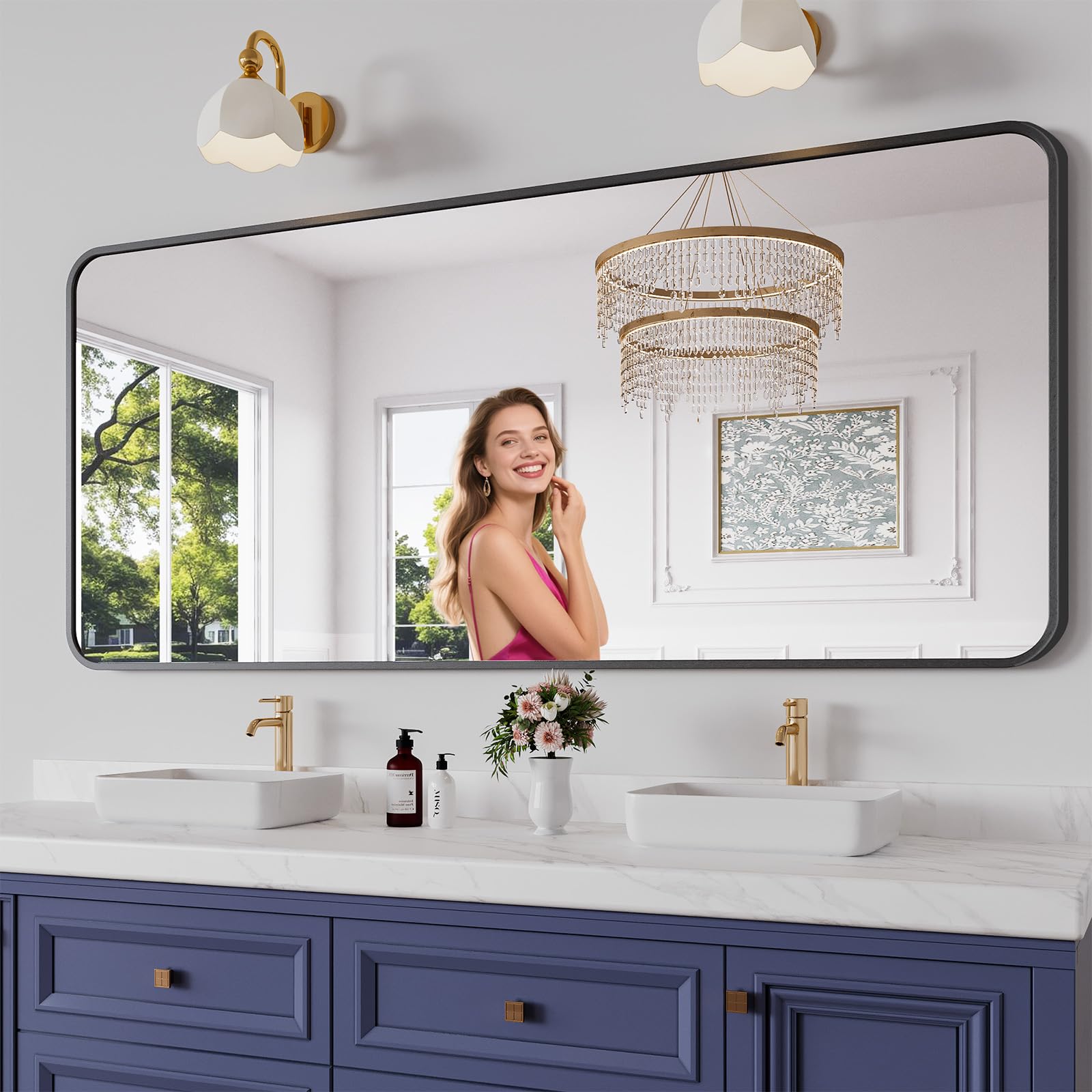 koonmi bathroom mirror, 32x72 brushed black rectangle wall mirror, hd tempered glass, anti-rust frame vanity mirror, rounded rectangle mirror for restroom, bedroom, hangs horizontal or vertical