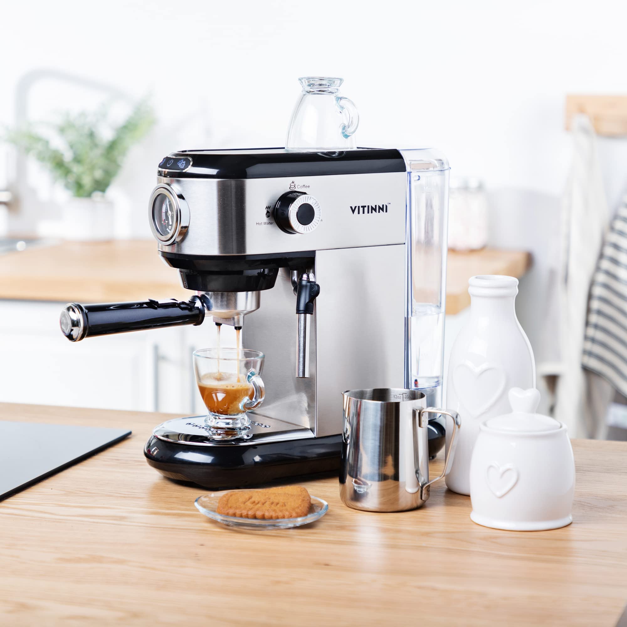 Vitinni Espressomaschine, Professionellem Milchaufschäumer, 15-bar-Druckpumpe, Milchschaumdüse, 1450 W, inkl. Barista-Kit, Tassenwärmeregal, 1 l Wassertank, Für Gemahlenen Kaffee, Silber