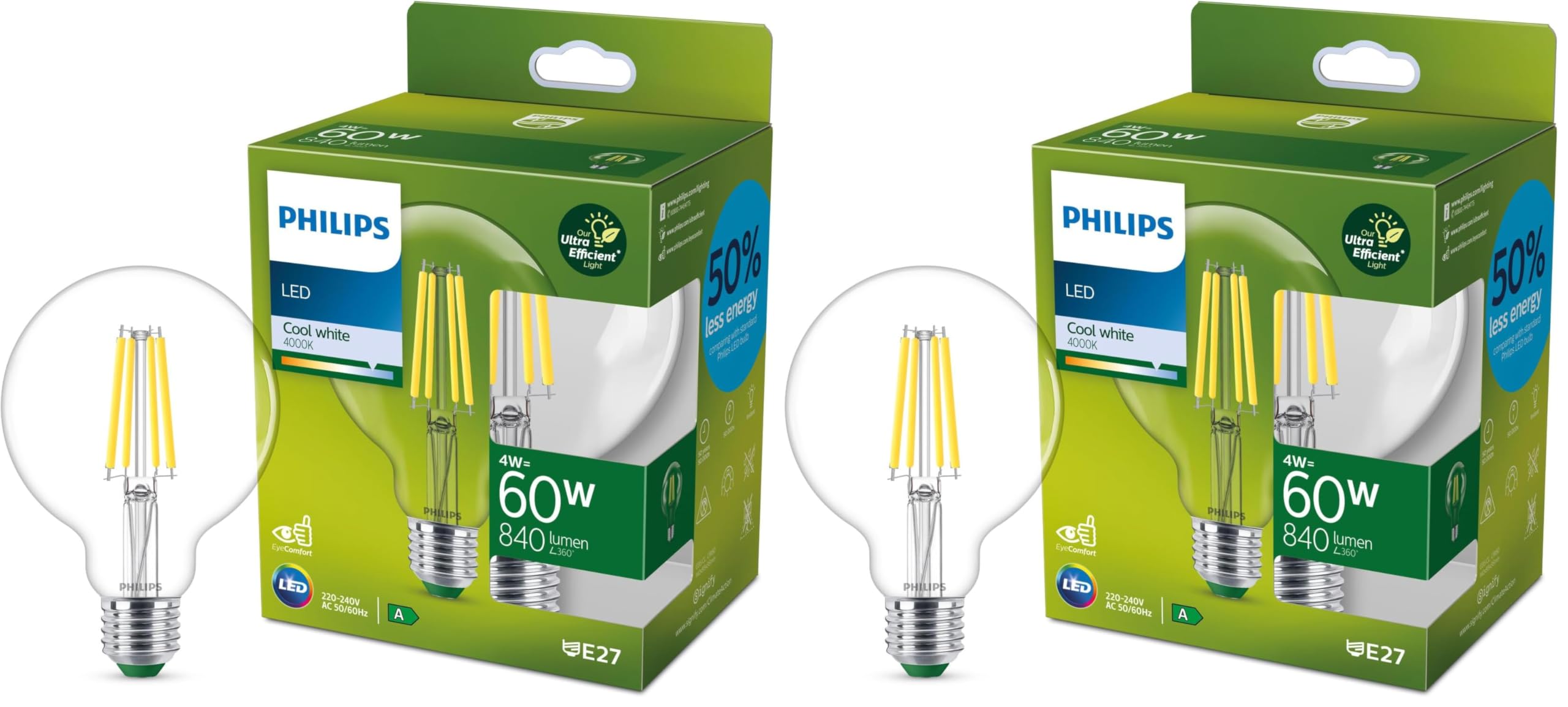Philips LED Lampadina Globo a Filamento Classe A Ultra Efficiente a Risparmio Energetico, 60W, E27, Luce Bianca Fredda (Confezione da 2)