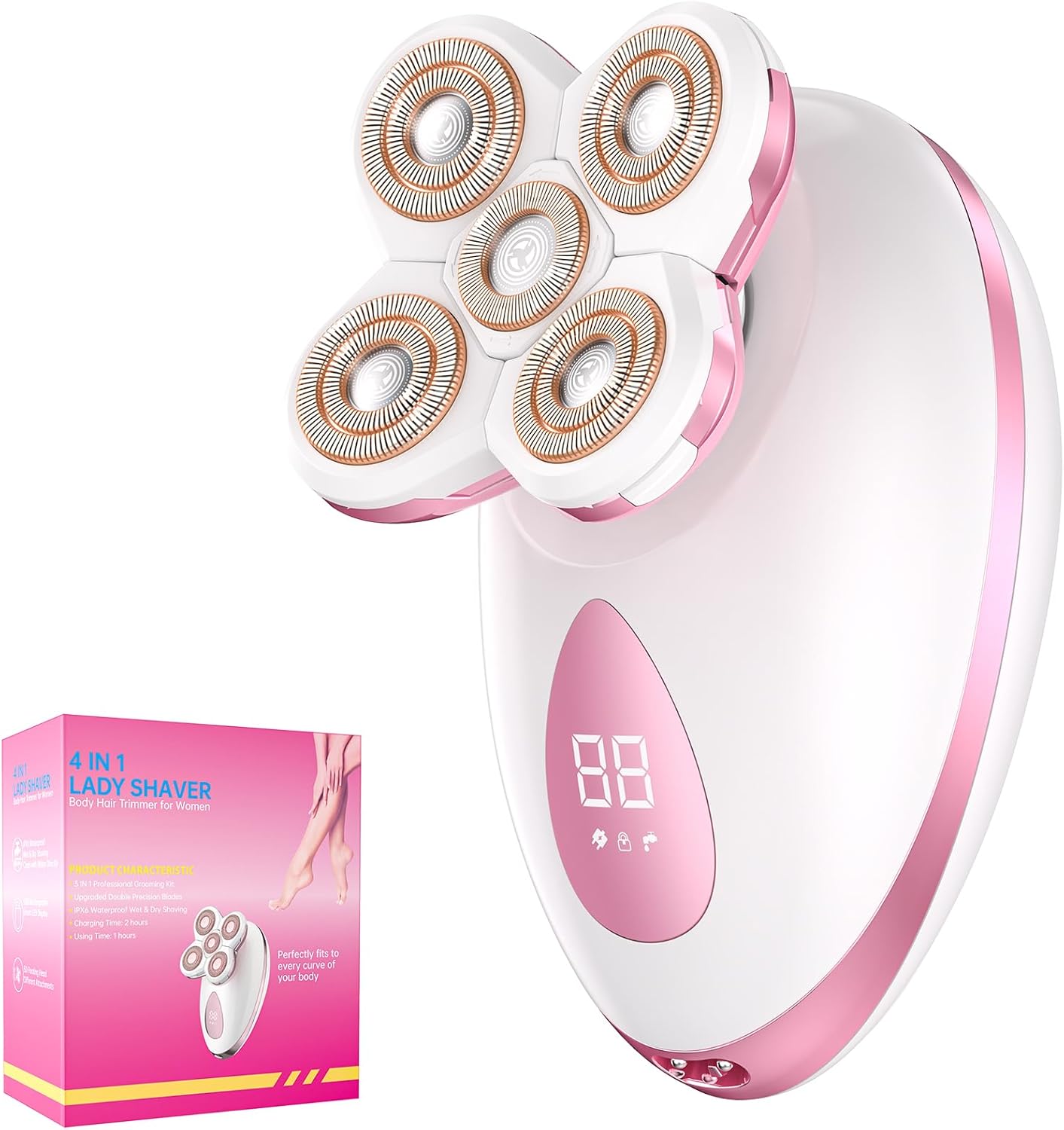 Electric Razors for Women Legs – Painless Body Shavers for Sensitive Skin – 5 in 1 Cordless Lady Trimmer for Women’s Leg, Bikini and Face – Waterproof Wet/Dry Remover, Rechargeable, Pink