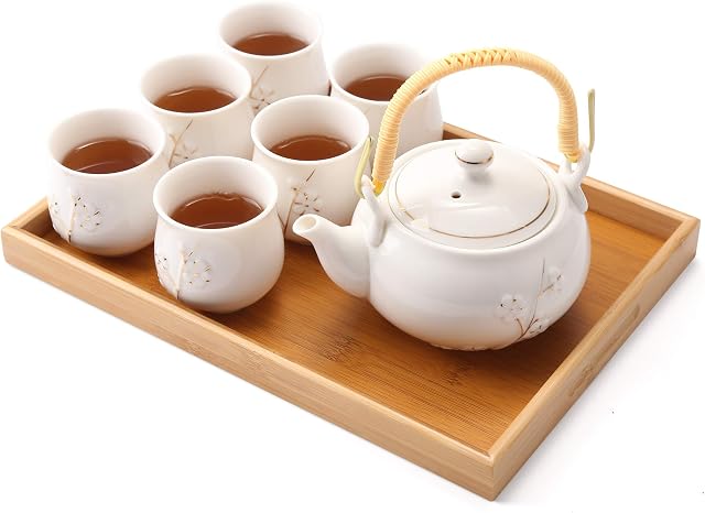 Dujust Japanese Tea Set, White Porcelain Tea Set with 1 Teapot Set, 6 Tea Cups, 1 Tea Tray, 1 Stainless Infuser, Cute Asian Tea Set for Tea Lover/Women/Men (Plum in Golden)