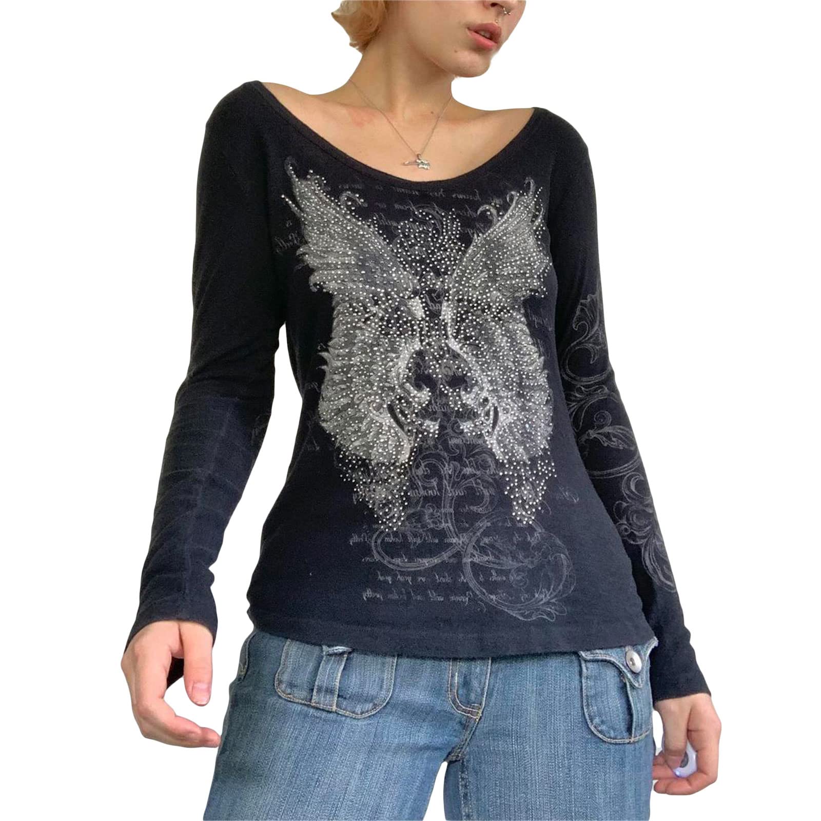 Y2k Fairy Grunge Graphic Long Sleeve Tees Tops Women E-Girls Aesthetic Gothic Skull Print Baggy T Shirts Emo Clothes