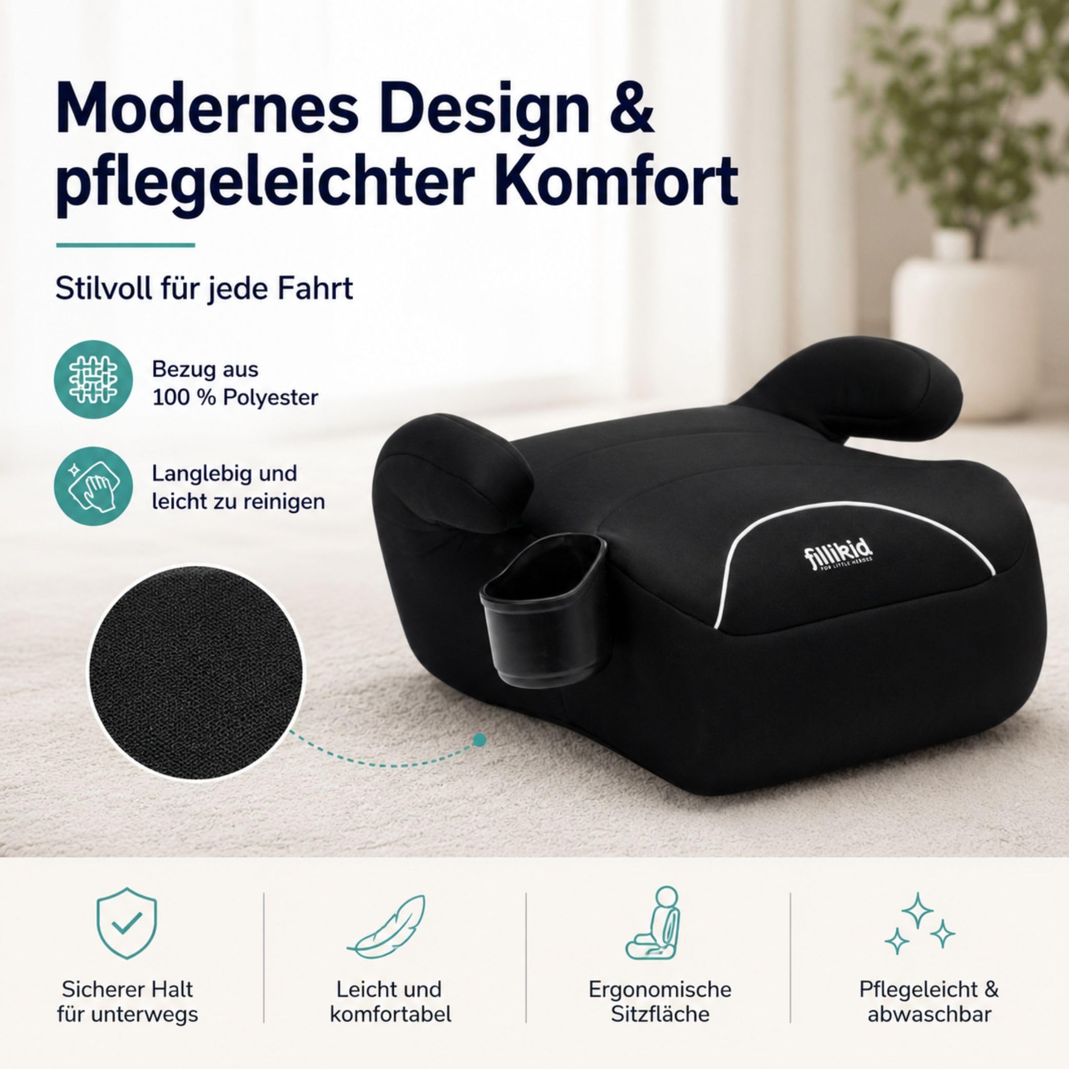 Fillikid Kindersitzerhöhung ohne Isofix, Reboarder | Für Kinder 6-12 Jahre, 125-150cm (ca. 22-36kg)