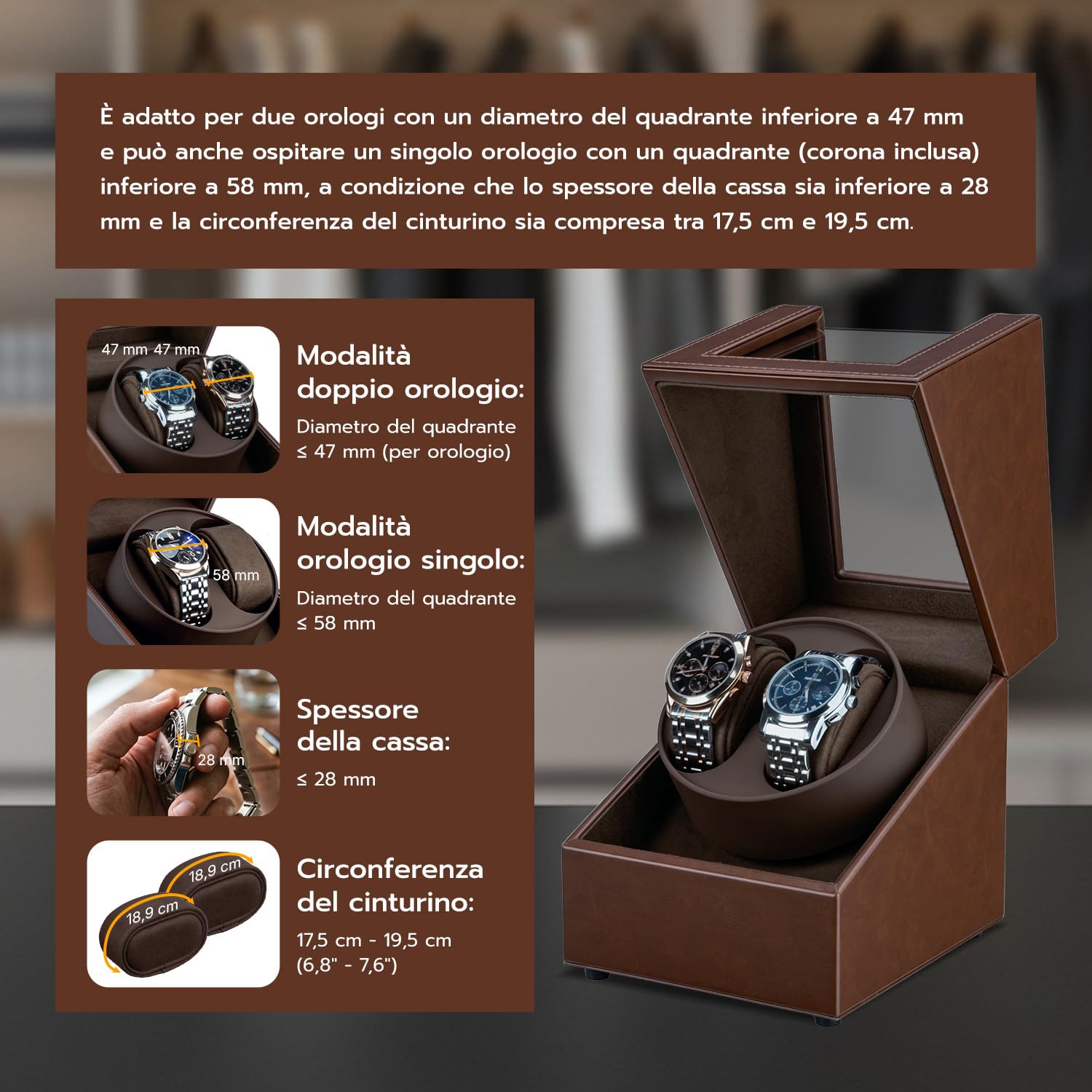 Mcbazel Carica Orologi Automatici in Pelle, Scatola per Due Orologi, Cofanetto per Orologi Automatici con Unità Rotante Silenziosa a Due Mode di Rotazione [Marrone]