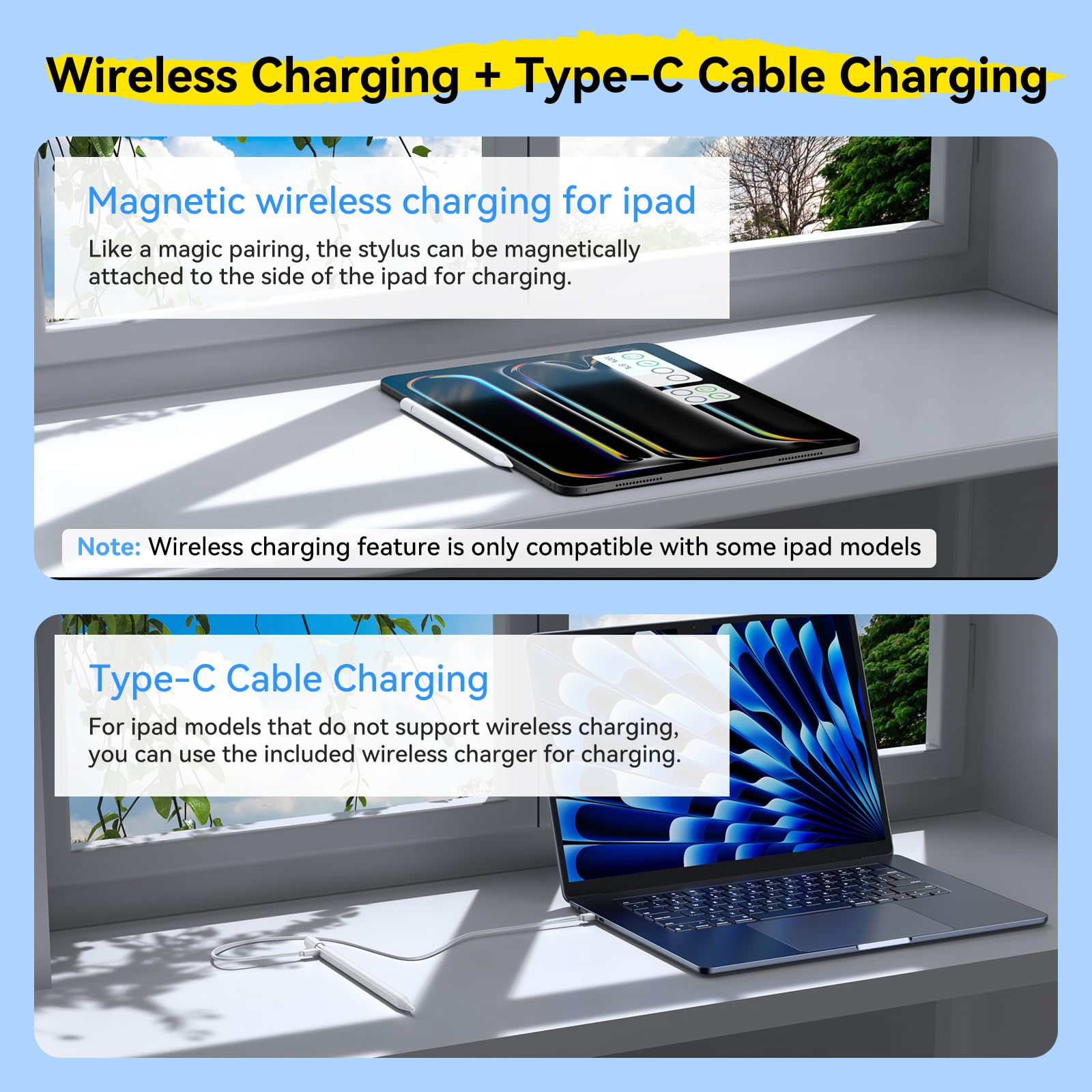 Bolvunes Rysik do iPada Pencil (USB C), rysik z magnetycznym bezprzewodowym ładowaniem i funkcją szybkiego ładowania USB-C Stylus Pencil do Mini 7/6/5, Air 5/4/3, Pro, iPad 10/9/8/7/6 Gen