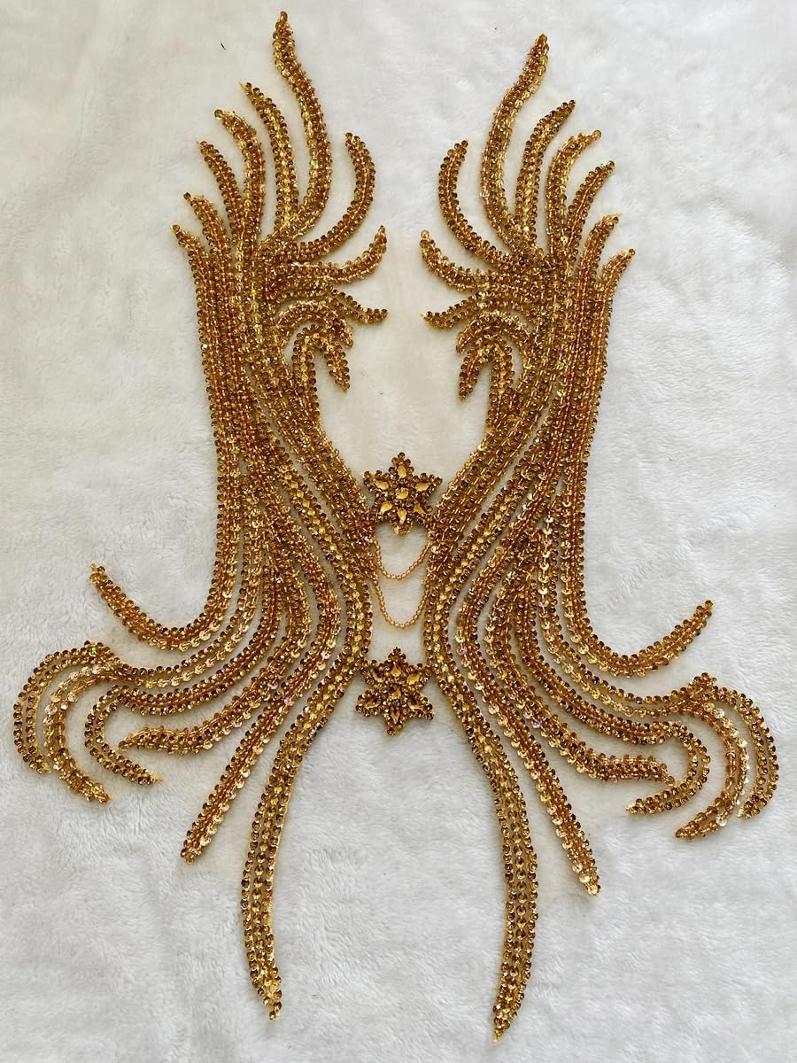 Pure Handmade Rhinestones Beads Applique sew on Crystal Sequins lace Trim Patches Accessories for Dress Clothing Shiny Bead Decorative Material 12.5X25.5inches (Champagne)