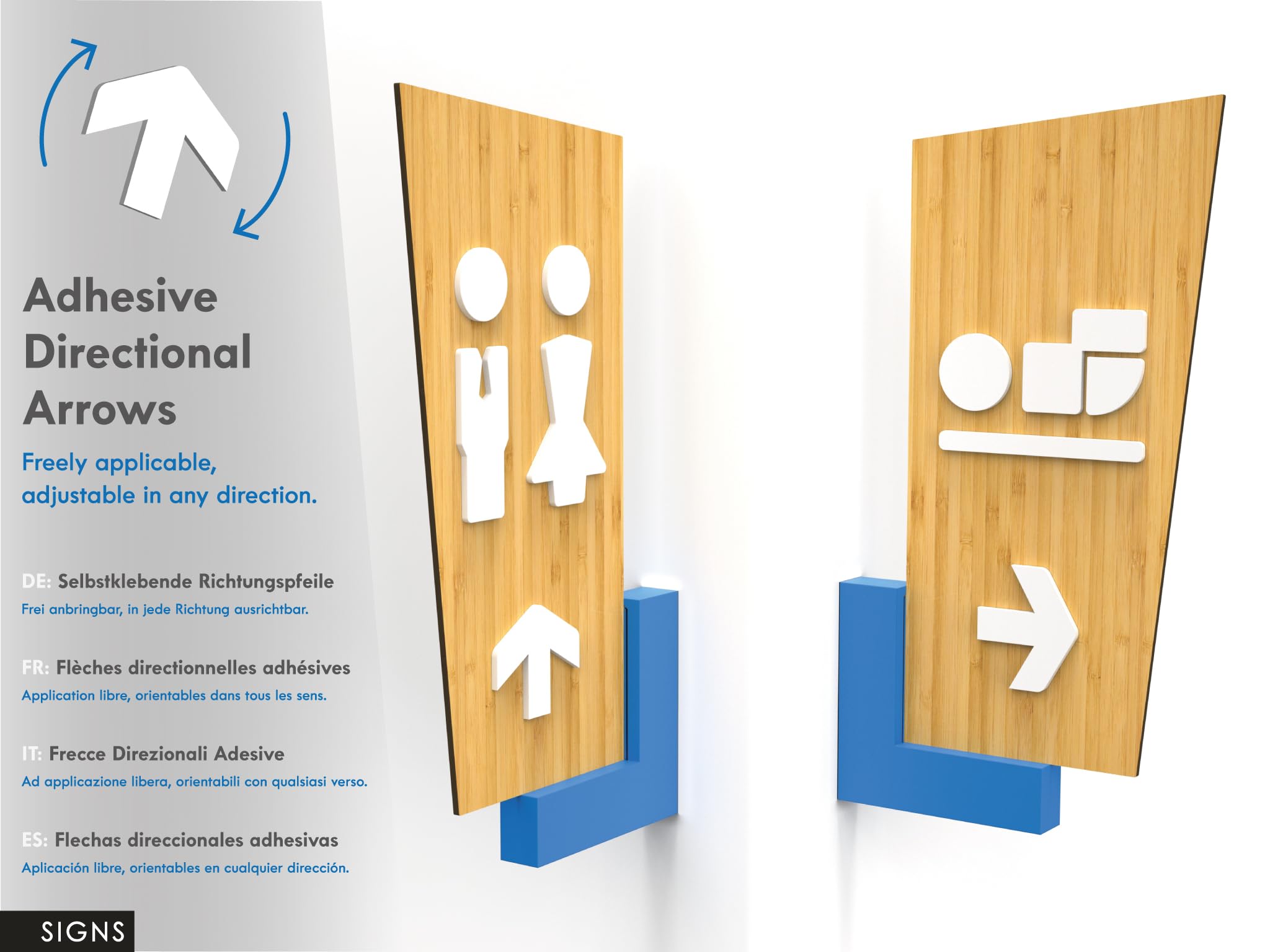 Set de 4 señales direccionales con flechas – 32 cm – Símbolos personalizados: Aseos, Recepción, Comedor, Gimnasio, Vestuario/Camerino – Carteles de pared de doble cara