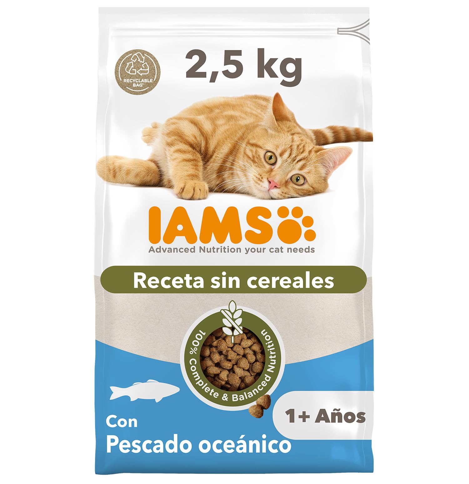 IAMS Alimento Sin Cereales para Gatos Adultos, Pescado de mar, 7,5kg | Alimento para gatos a partir de 1 año | Proteína animal para músculos fuertes | Sin cereales | Con Omega 3 & 6