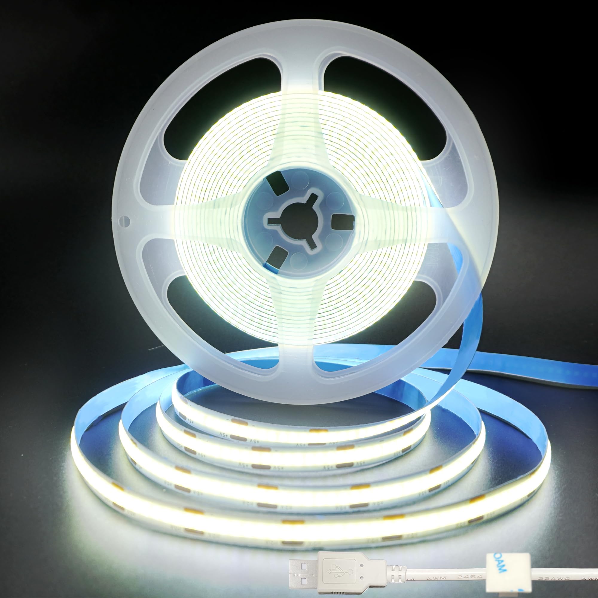 Clearhill 5V USB COB LED Strip Lights,9.84FT/3M,Cool White 6500K,320LEDs/M,8mm Width,Not Waterproof IP20,1M USB Cable,Flexible LED Tape Light for DIY Home Indoor Decoration