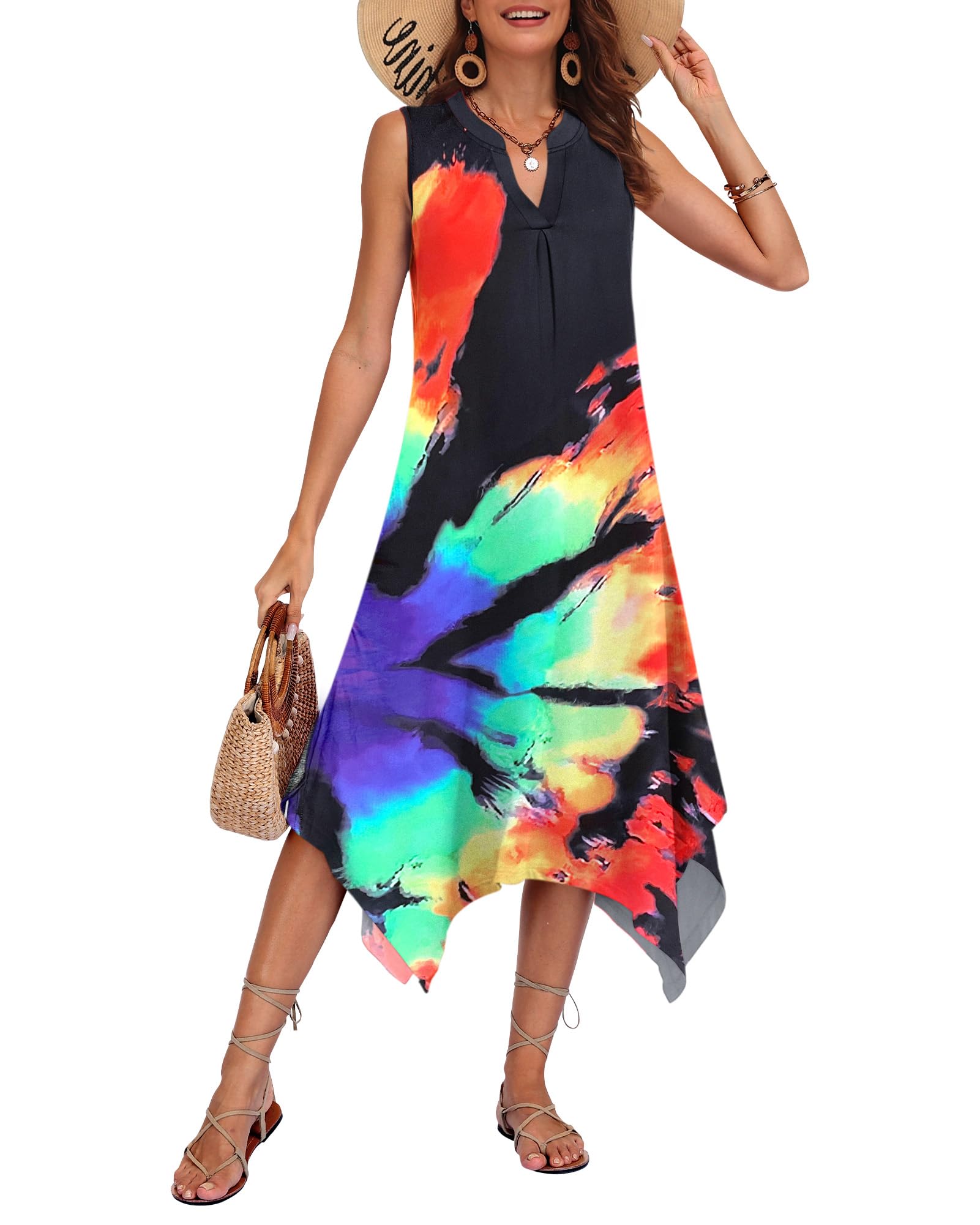 AUSELILY Womens Summer Midi Dress V Neck Sleeveless Casual with Pockets