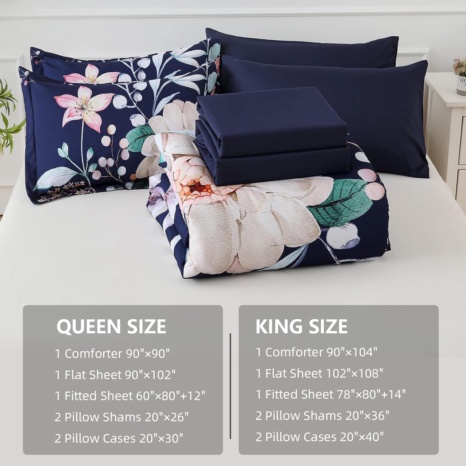 Drucon Navy Blue Comforter Set Queen Size - 7 Pieces Floral Bedding Sets, Soft Botanical Flowers Comforter Bed in a Bag with Sheets, Pillowcases & Shams