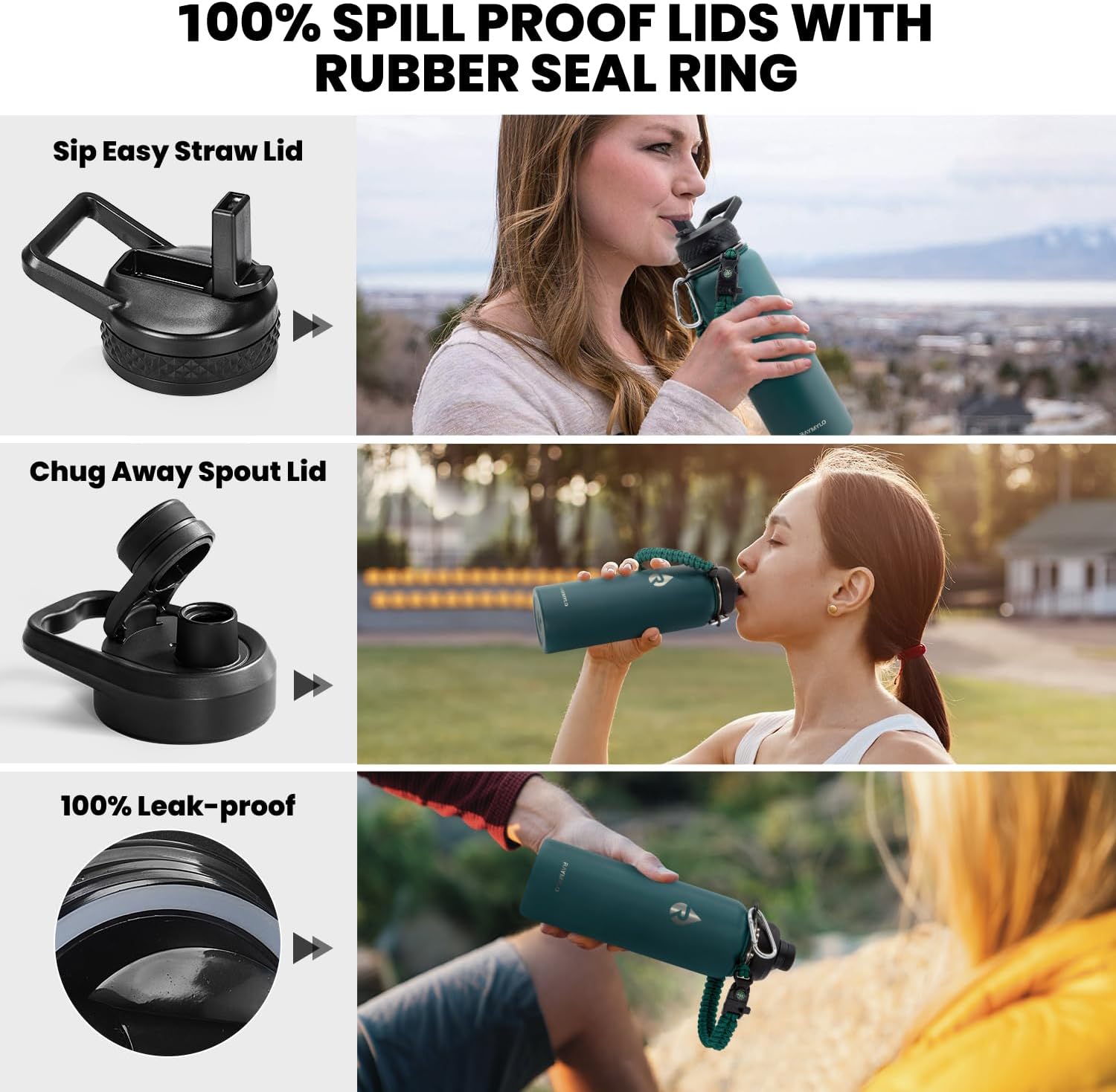 Insulated Water Bottle 40 oz, Triple Wall Vacuum Stainless Steel (Cold for 48 Hrs), Leak Proof & Non-BPA, Modern Water Flask Jug with Paracord Handle & Straw Spout Lids, Dark Green - Image 3