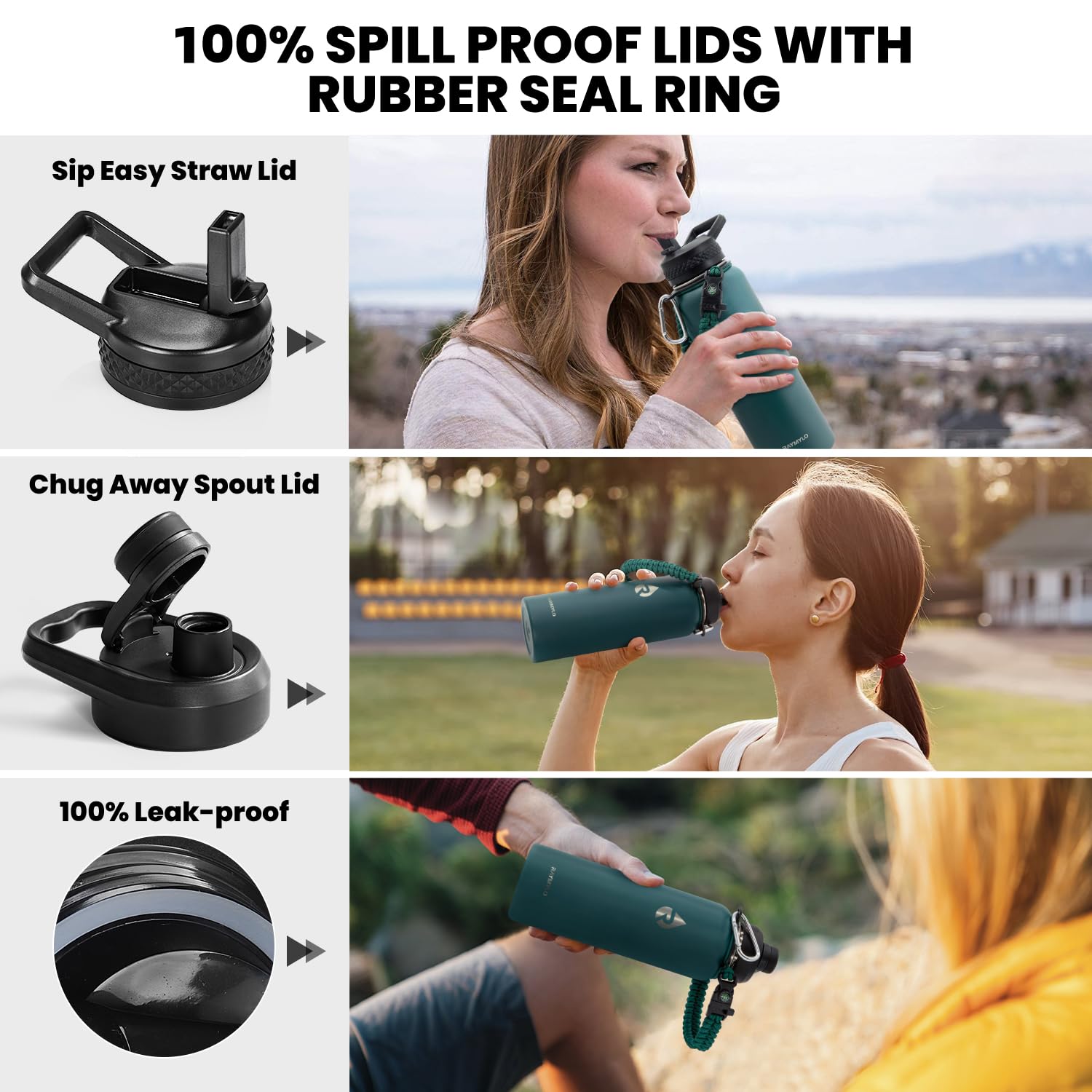 RAYMYLO Insulated Stainless Steel Water Bottle with Straw & Spout Lids - Image 3