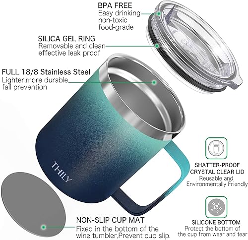Miniatura 8 de THILY Taza de viaje aislada de acero inoxidable de 12 onzas con asa, tapa a prueba de derrames, mantiene el café frío o horas calientes, rosa y verde