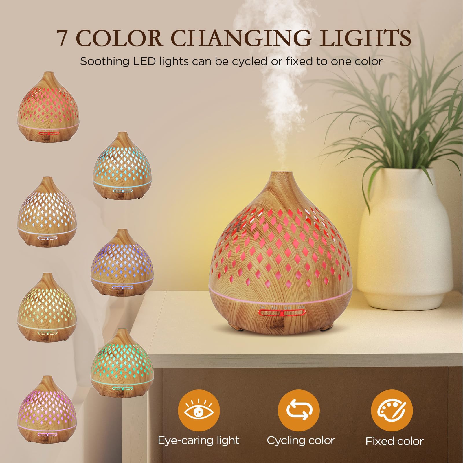 Cozary Diffuseur d'Huile Essentielle, 400ml Ultrasonique Diffuseur Huiles Essentielles Electrique avec Télécommande 3 Minuterie, 7 Couleurs LED Humidificateur d'air, Arrêt Automatique