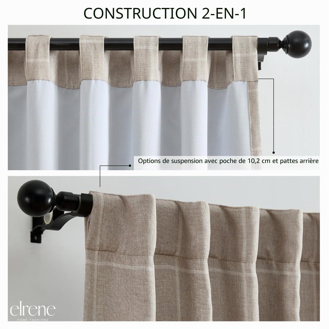 Elrene Home Fashions Sawyer Rideau de fenêtre occultant à Carreaux avec Passe-Tringle/Pattes arrière pour Salon, Chambre à Coucher, Bureau, 132,1 x 241,3 cm, Lin