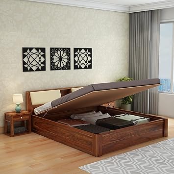 EBANSAL Wooden King Size Bed for Bedroom | Solid Wood Double Bed Cot Hydraulic Bed with Storage | Sheesham Wood, Honey Finish