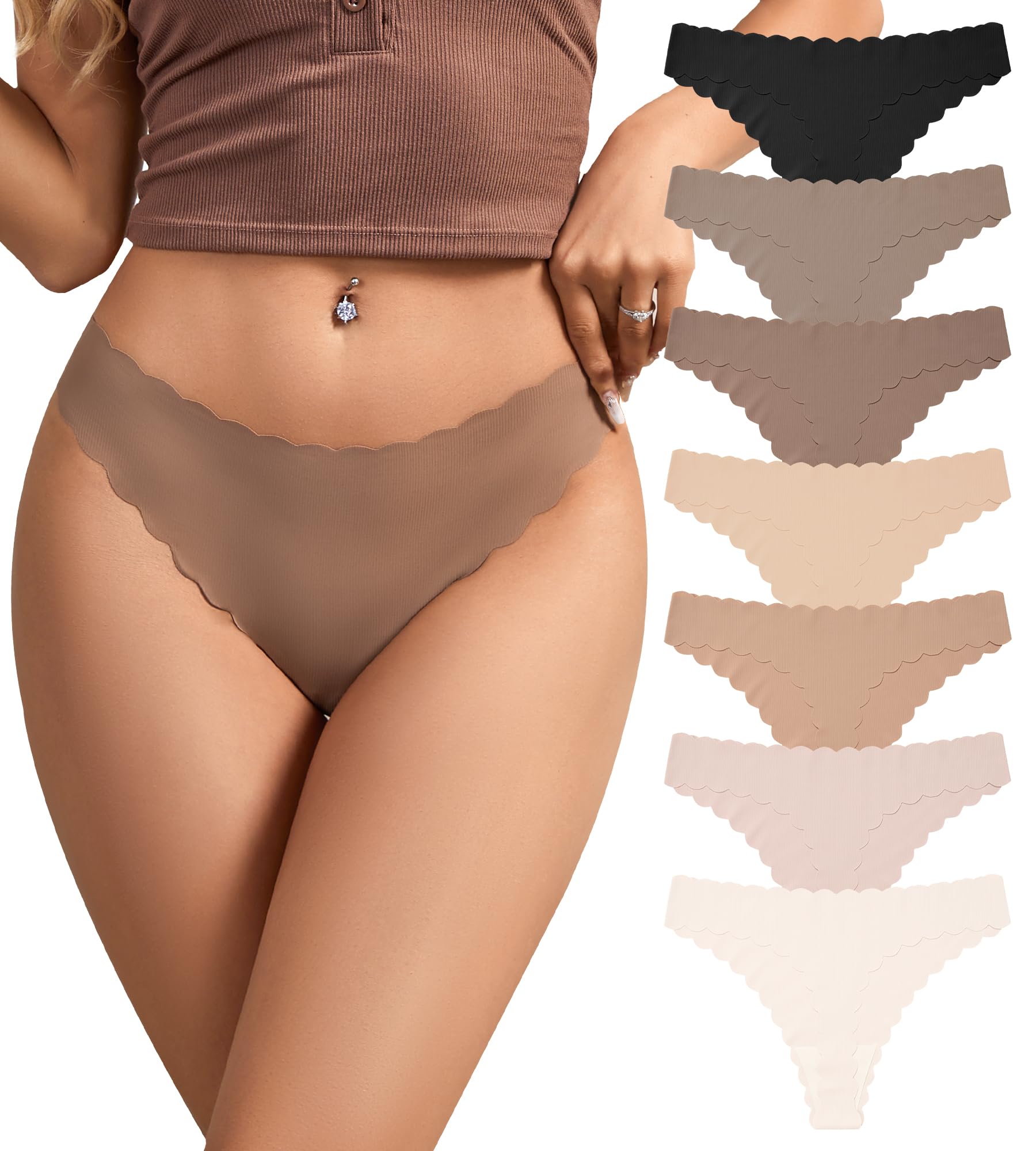 Womens Seamless Thongs No Show Underwear Soft Ribbed Invisible Panties Wave Edge Multi Pack