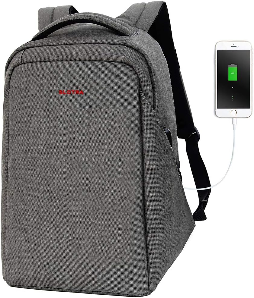 SLOTRA Laptop Backpack Anti Theft and Slim Lightweight Design, Water Resistant and USB Charging Point Bag Fits 15.6 Inch Laptop Notebook (Dark Grey)