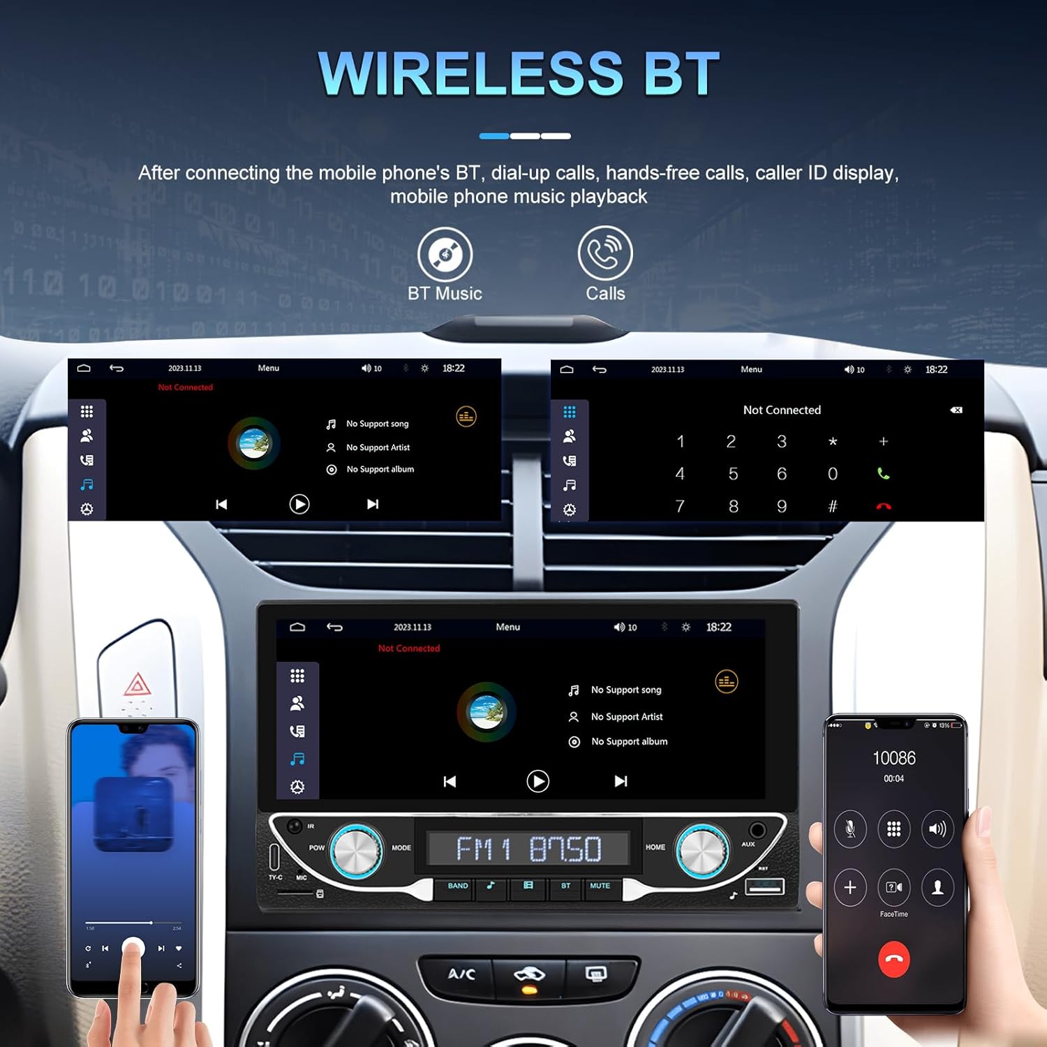 Car stereo screen showing the Bluetooth interface for hands-free calls and music playback.