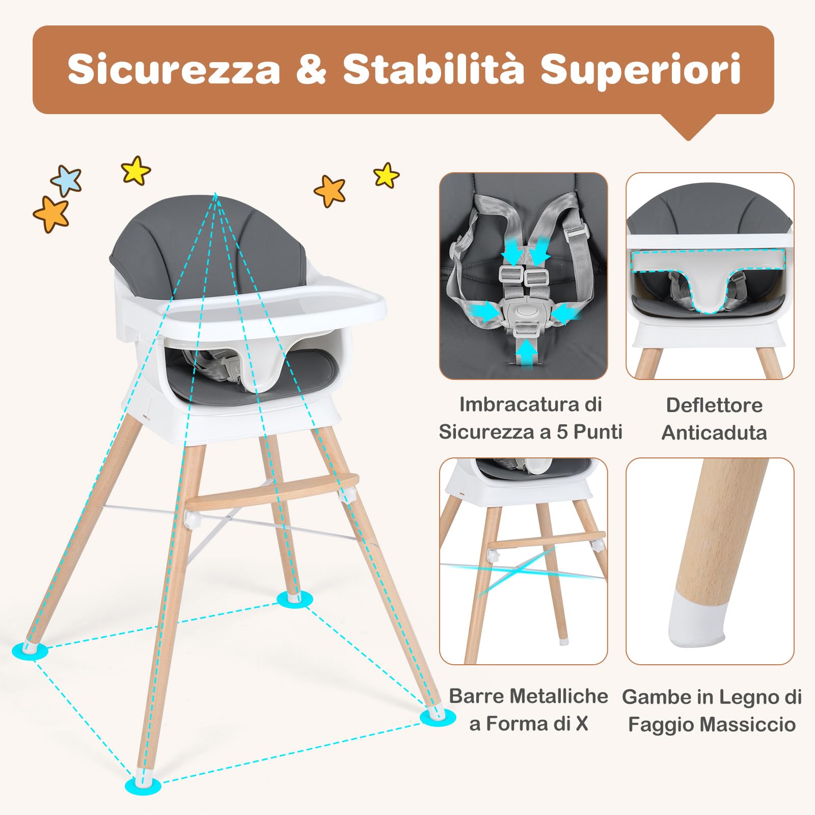 COSTWAY Seggiolone Pappa per Neonati, Seggiolone Evolutivo Convertibile con Vassoio Regolabile, Cuscino Rimovibile, Cintura di Sicurezza a 5 Punti, in Legno con per Bambini 6-36 Mesi